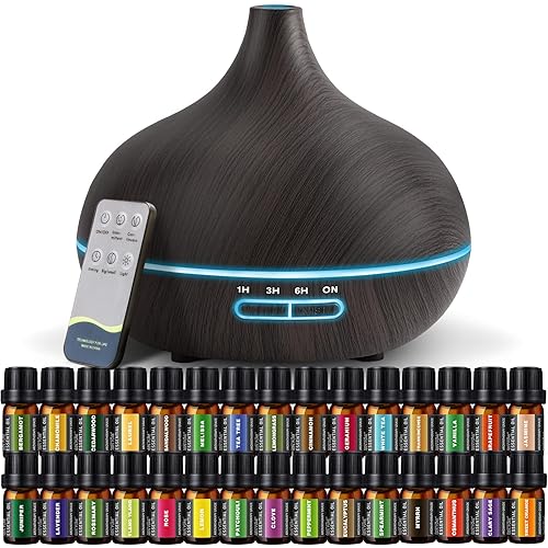 Aroma Diffiser with Essential Oils Set, 550 ML Essential Oil Diffuser with Remote, Ultrasonic Technology Aromatherapy Diffusers Auto Shut-Off for Office, Home
