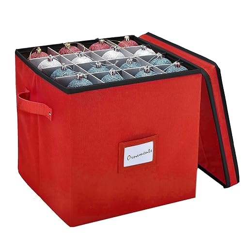 Handy Laundry Christmas Ornament Storage, Stores up to 64 Holiday Ornaments, Adjustable Dividers, Covered Top, Two Handles, Attractive Storage Box Keeps Holiday Decorations Clean & Dry, (Red)
