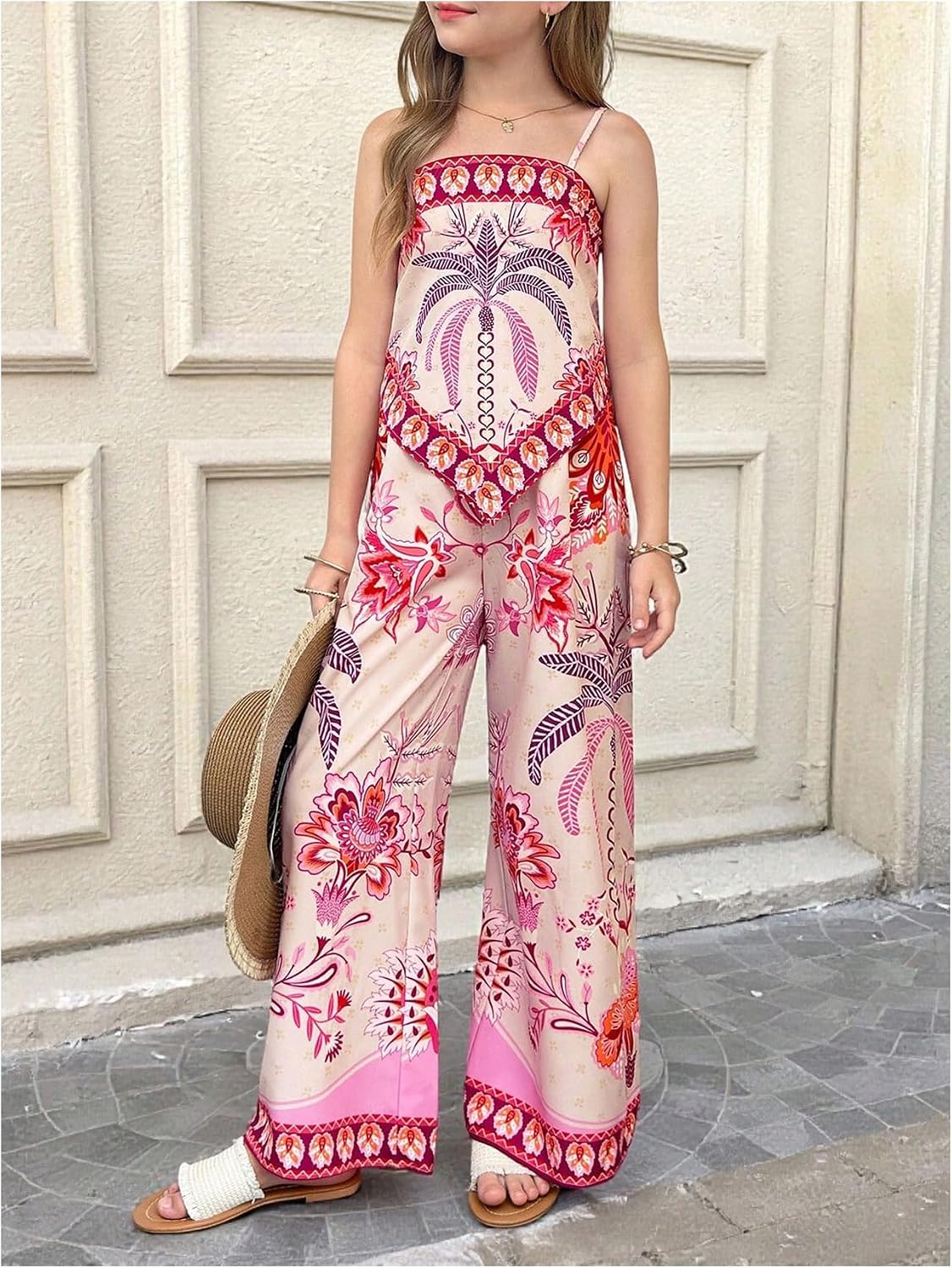 Floerns Girl's 2 Piece Vacation Outfit Floral Hanky Hem Camisole and Long Pants Sets