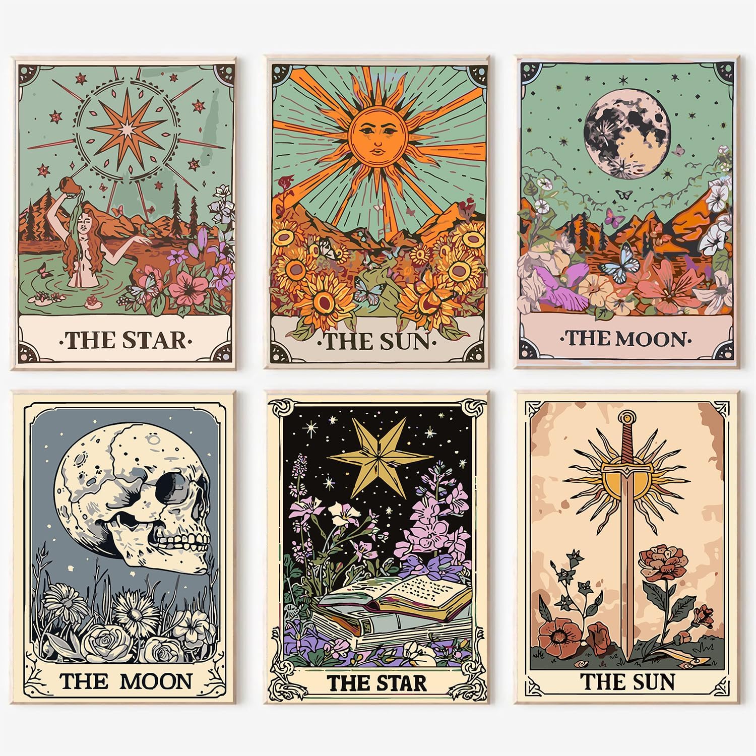igoodom 6 Pack Paint by Numbers for Adults, 25x35cm DIY Acrylic Canvas Painting Kit, Sun and Moon Star Paint by Number Set for Beginners & Home Wall Decor