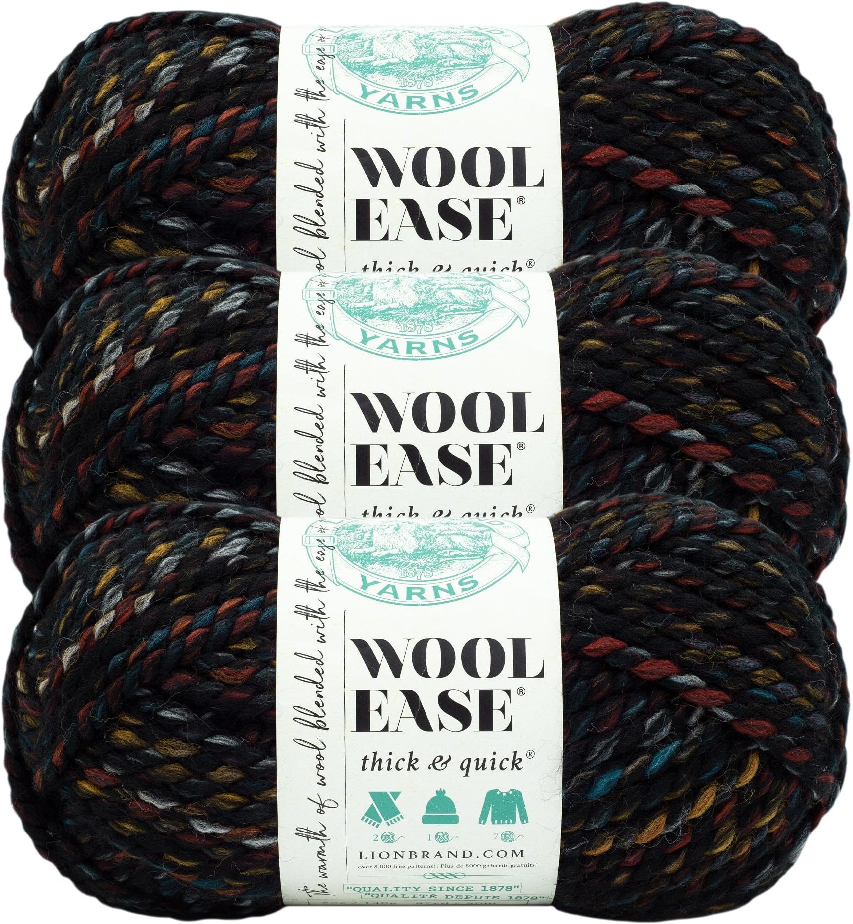 Lion Brand Yarn Wool-Ease Thick and Quick Yarn, Soft and Bulky Yarn for Knitting, Crocheting, and Crafting, 3 Pack, Oil Slick