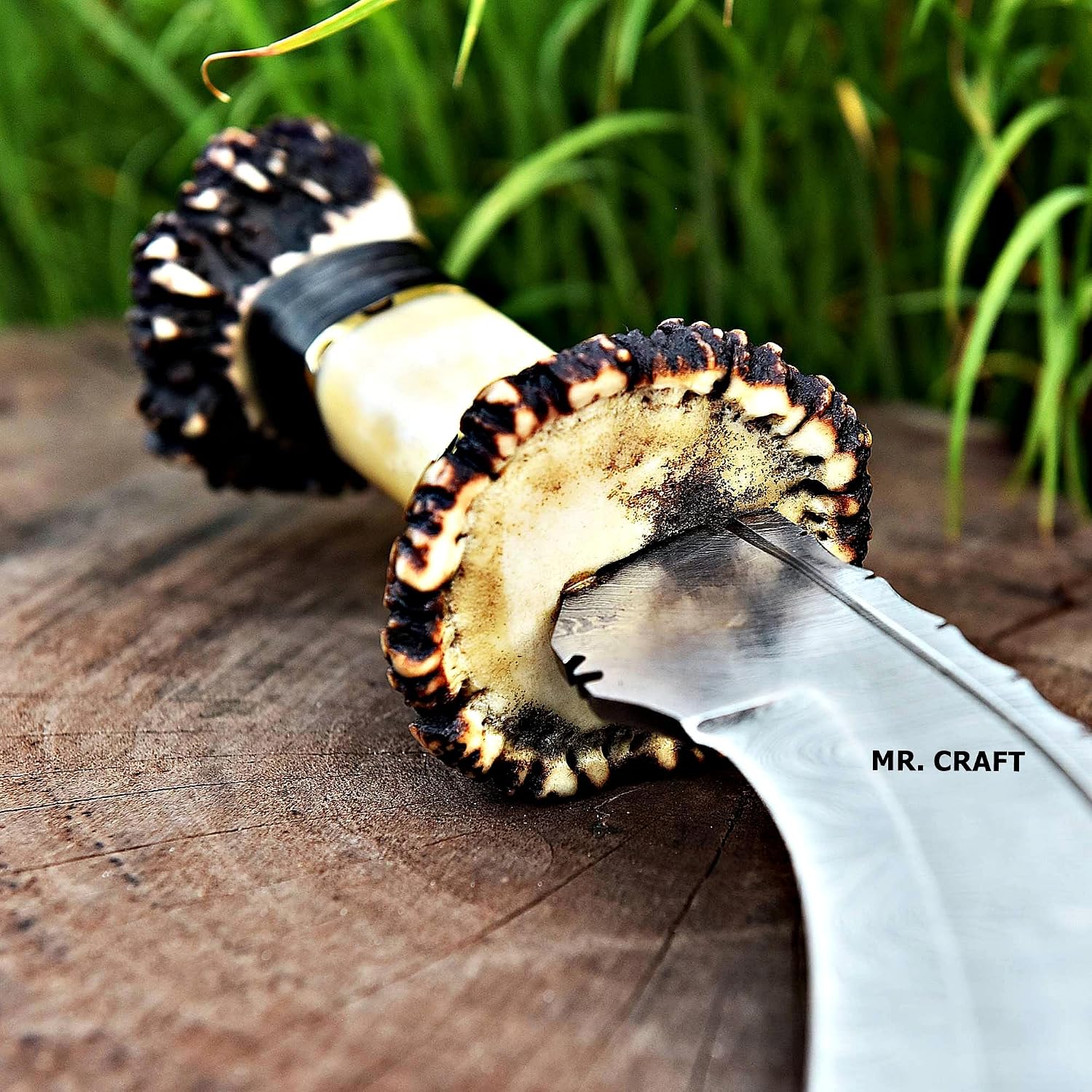Traditional Kukri Fixed Blade Damascus Hunting Knife, 16 Inch Curved Blade, Bone Handle with Leather Sheath Bushcraft Survival Camping Knife Best Gift for Him (Natural Bone With double Antler)