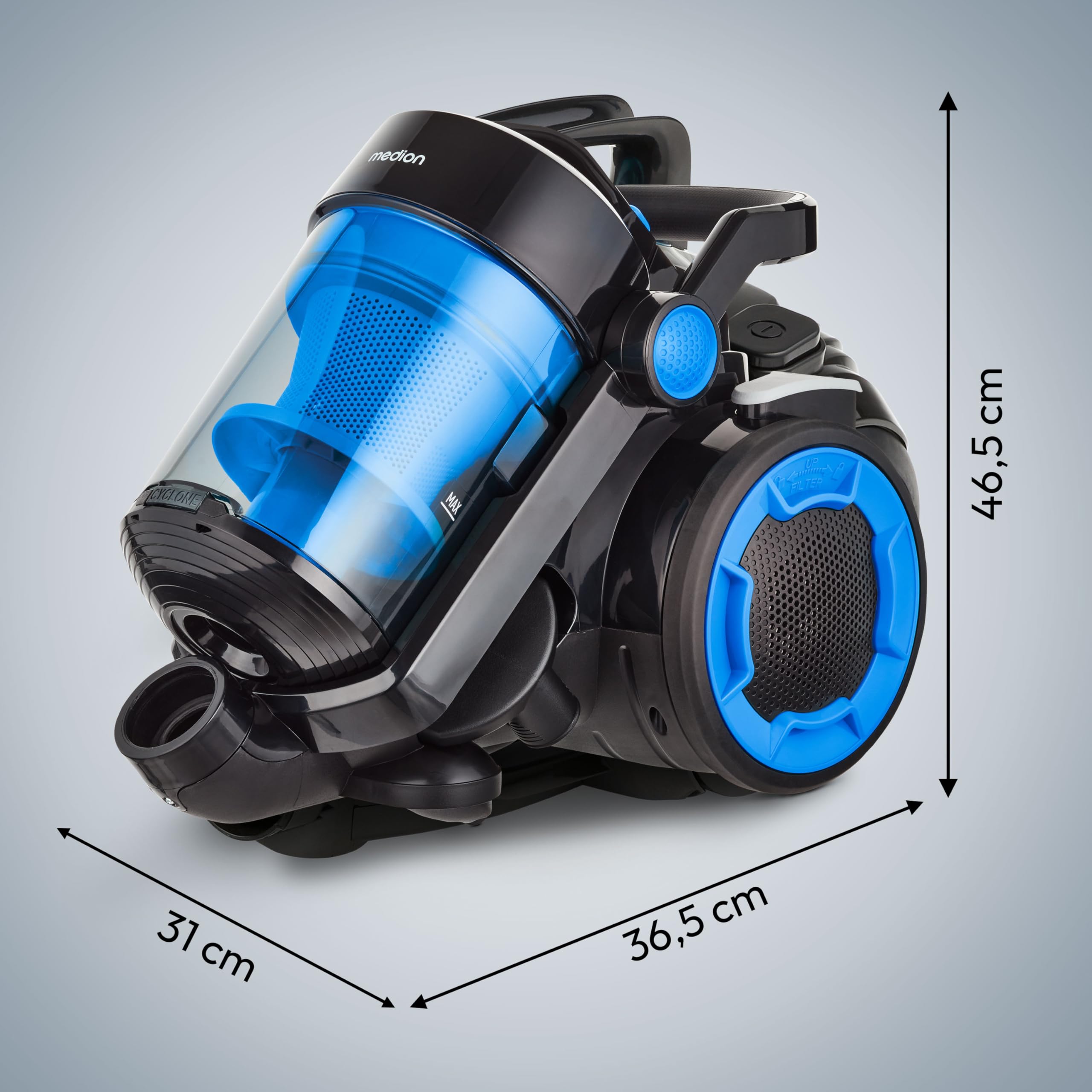MEDION Aspiratore ciclonico senza sacchetto P4000 (potenza 900 watt, capacità contenitore polvere 4,3 litri, filtro HEPA 13 lavabile, raggio di lavoro 11 m, MD 11906) blu