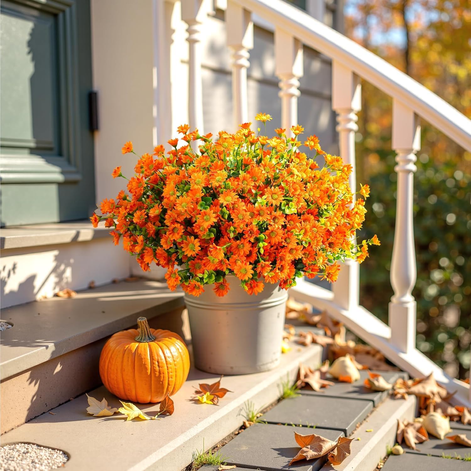 Artificial Mums Fall Fake Flowers for Outdoors, 10 Bundles Faux Mums Autumn Decorations,UV Resistant Silk Flowers Plastic Plants for Outside Front Porch Garden Patio Home Planters Decor (Orange) - Image 4