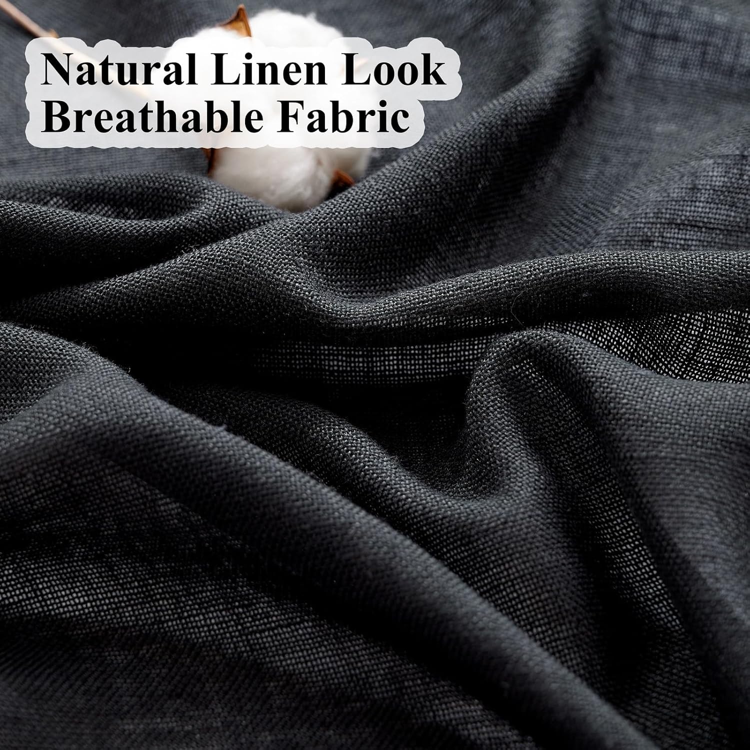 Black Semi Sheer Curtains 90 Inches Long, Linen Textured Light Filtering Curtains & Drapes for Bedroom, Dark Moody Modern Farmhouse Window Decor, Pinch Pleat Ceiling Curtain with Hooks