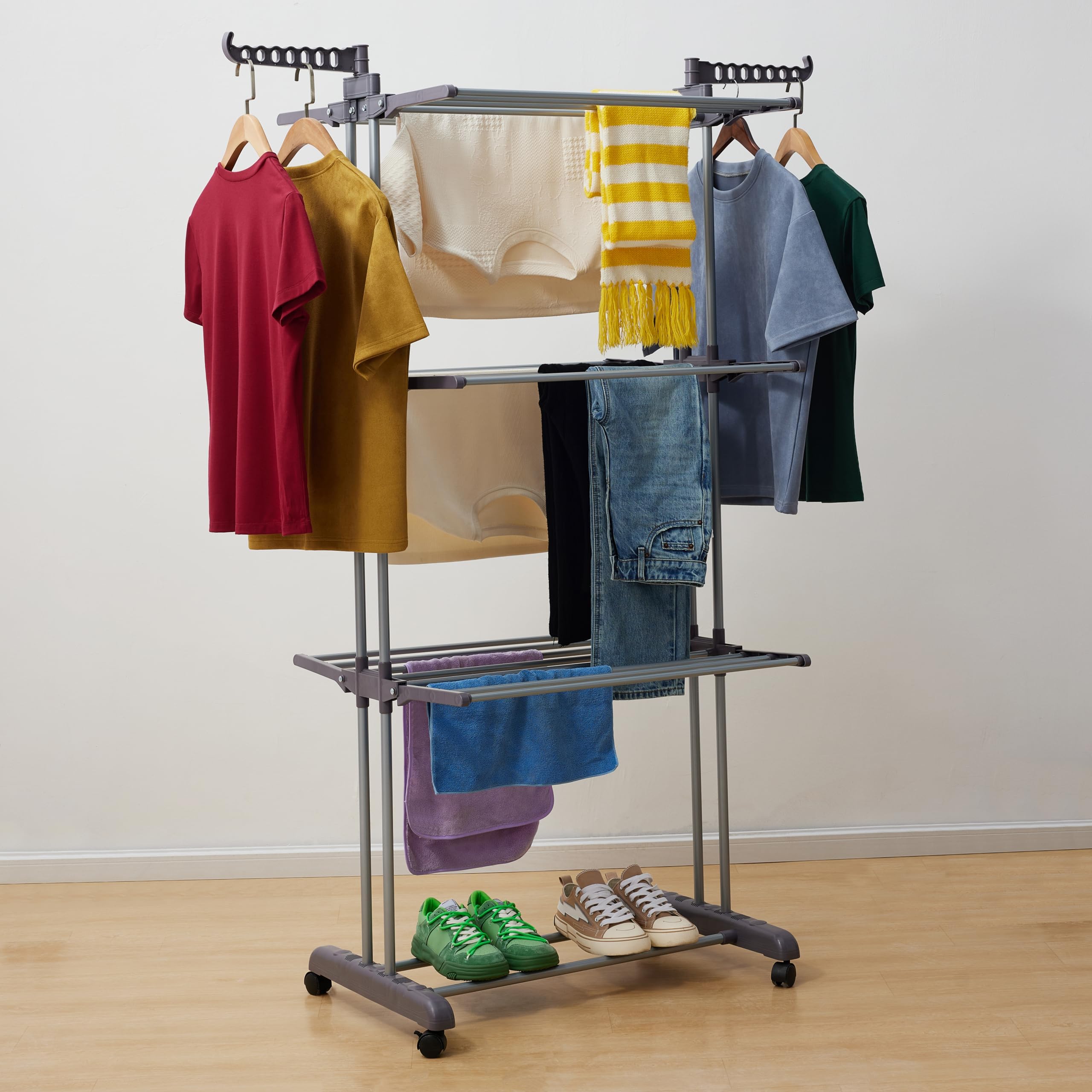 Amazon Basics Séchoir à Linge Intérieur, à Ailes Pliables, à 4 Niveaux, 72,9 à 126 x 64 x 173 cm (L x L x H), Argenté, pour Vêtements