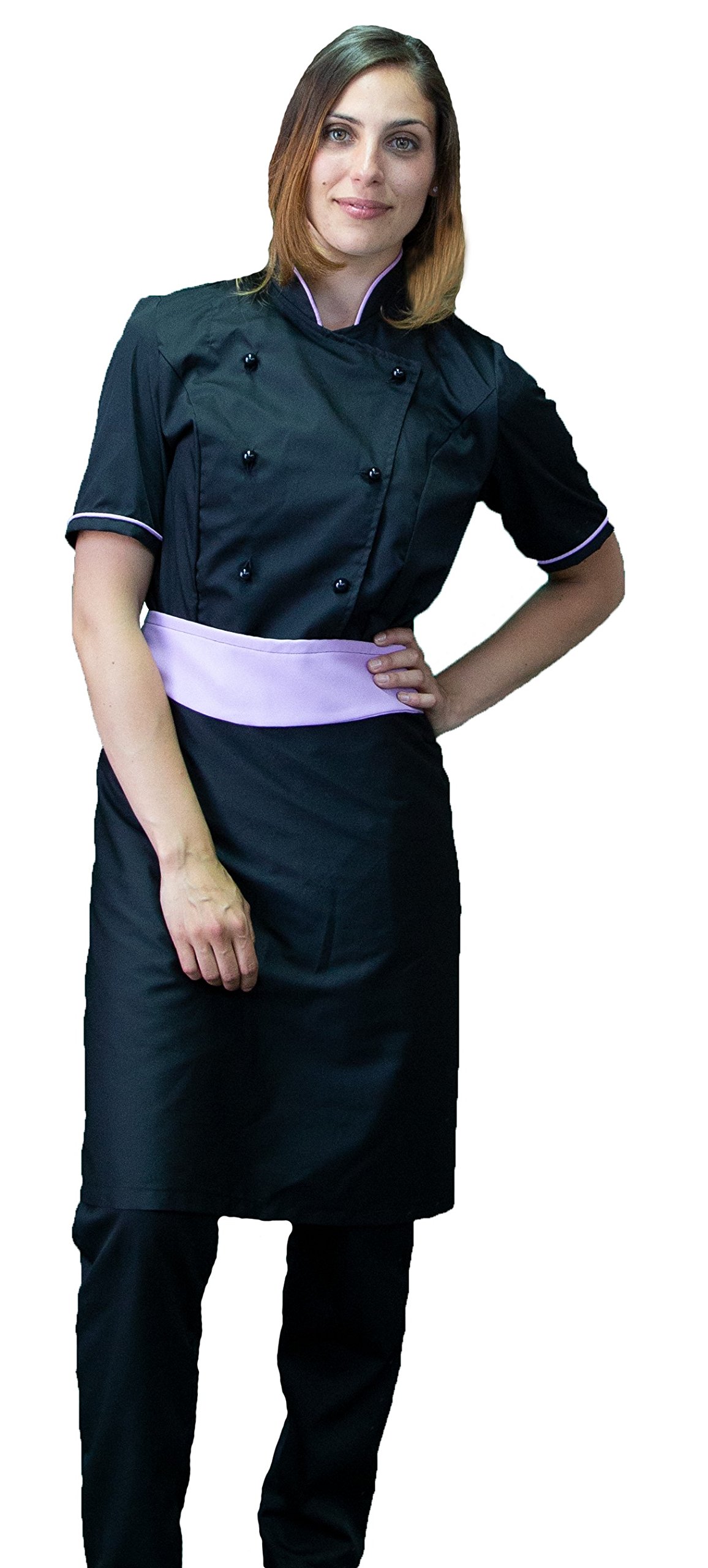 RICAMO GRATUITO - Divisa Cuoco Donna - Nera e Lilla - 3PZ - Giacca Manica Corta, Pantalone e Grembiule - Completo per Cucina e Ristorante - Made in Italy