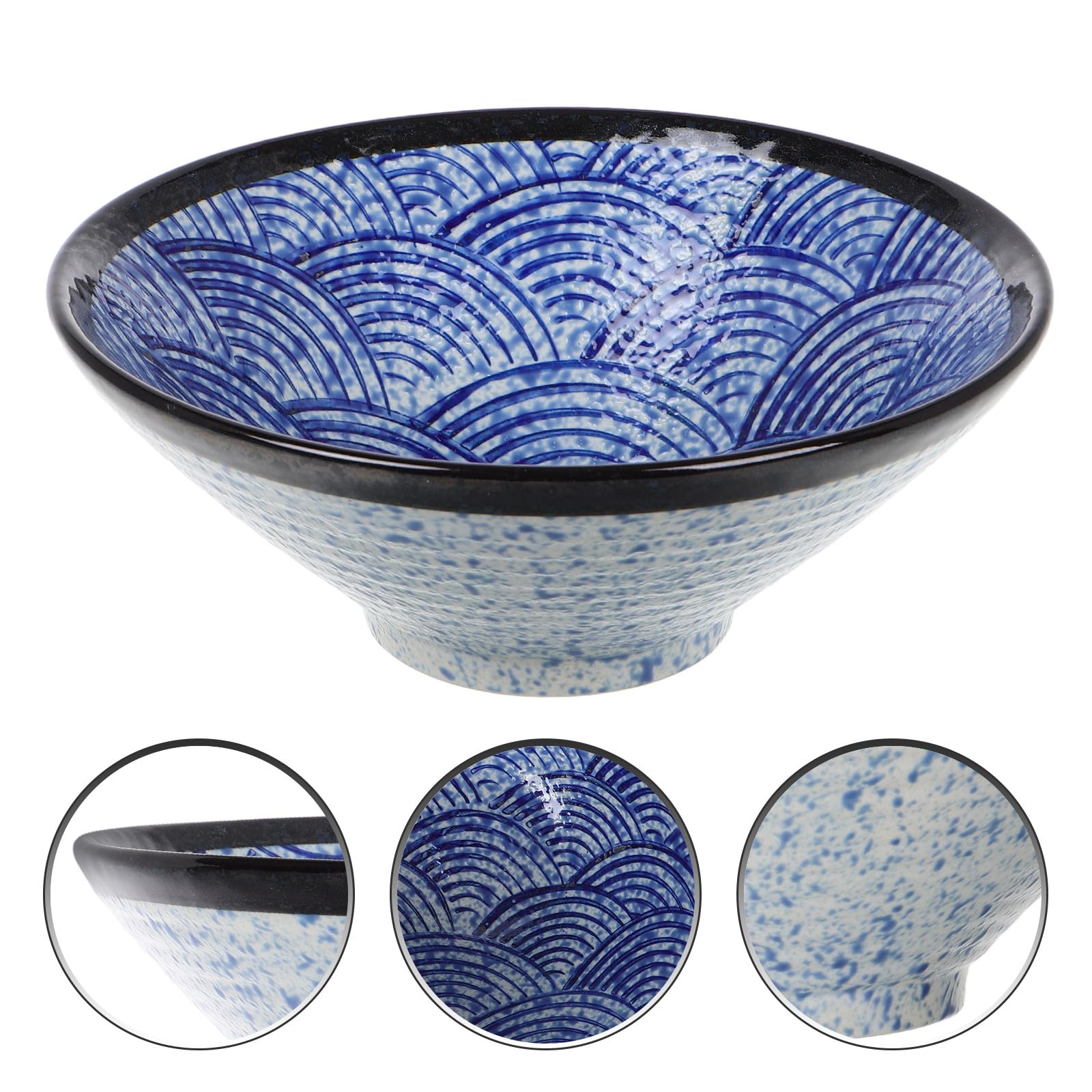 DECHOUS Cuenco Grande Previene Derrames Diseño de Ondas Marinas de Cerámica Estilo Japonés Vintage Gran Capacidad Adecuado para Sopa Ramen y Uso Hogar