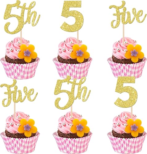 24 piezas de decoración para cupcakes de 5 cumpleaños con purpurina de cinco púas de cupcakes número 5 para decoración de cupcakes para baby shower,