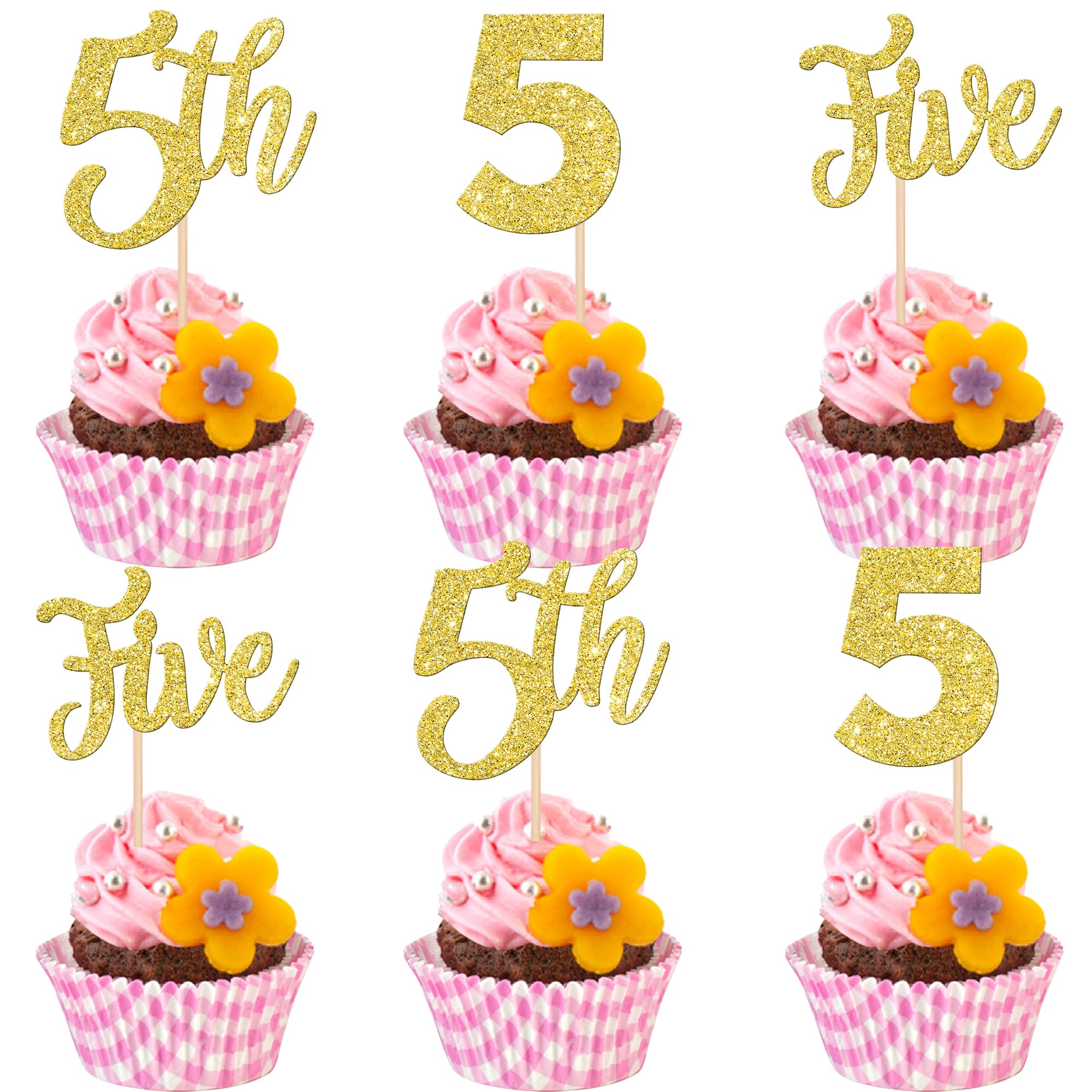 24 Cupcake-Topper Zum 5. Geburtstag – Rosa Glitzernd, 6,3 X 11,7 Cm, Aus Karton, Für Kuchendekoration