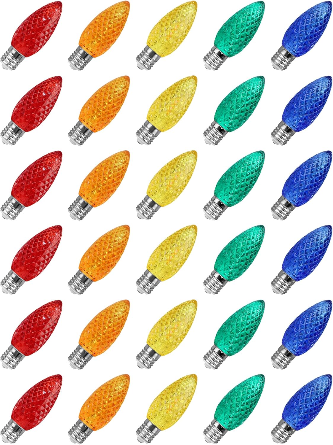C9 LED Replacement Bulbs, Multicolor 30-Pack - Diamond Faceted Transparent, Shatterproof Christmas Lights, Vibrant Jewel-Toned Colors for Outdoor String Lights, E17 Base