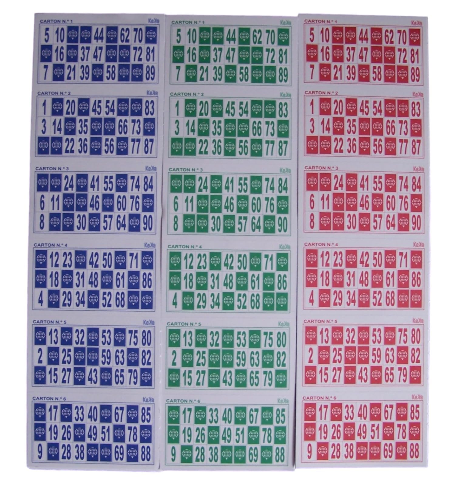 KEKA 3.600 Cartones de Bingo Pack Ahorro!! 2 Series de 600 Azules + 2 Series de 600 Verdes + 2 Series de 600 Rojas (6x600 Tricolor)
