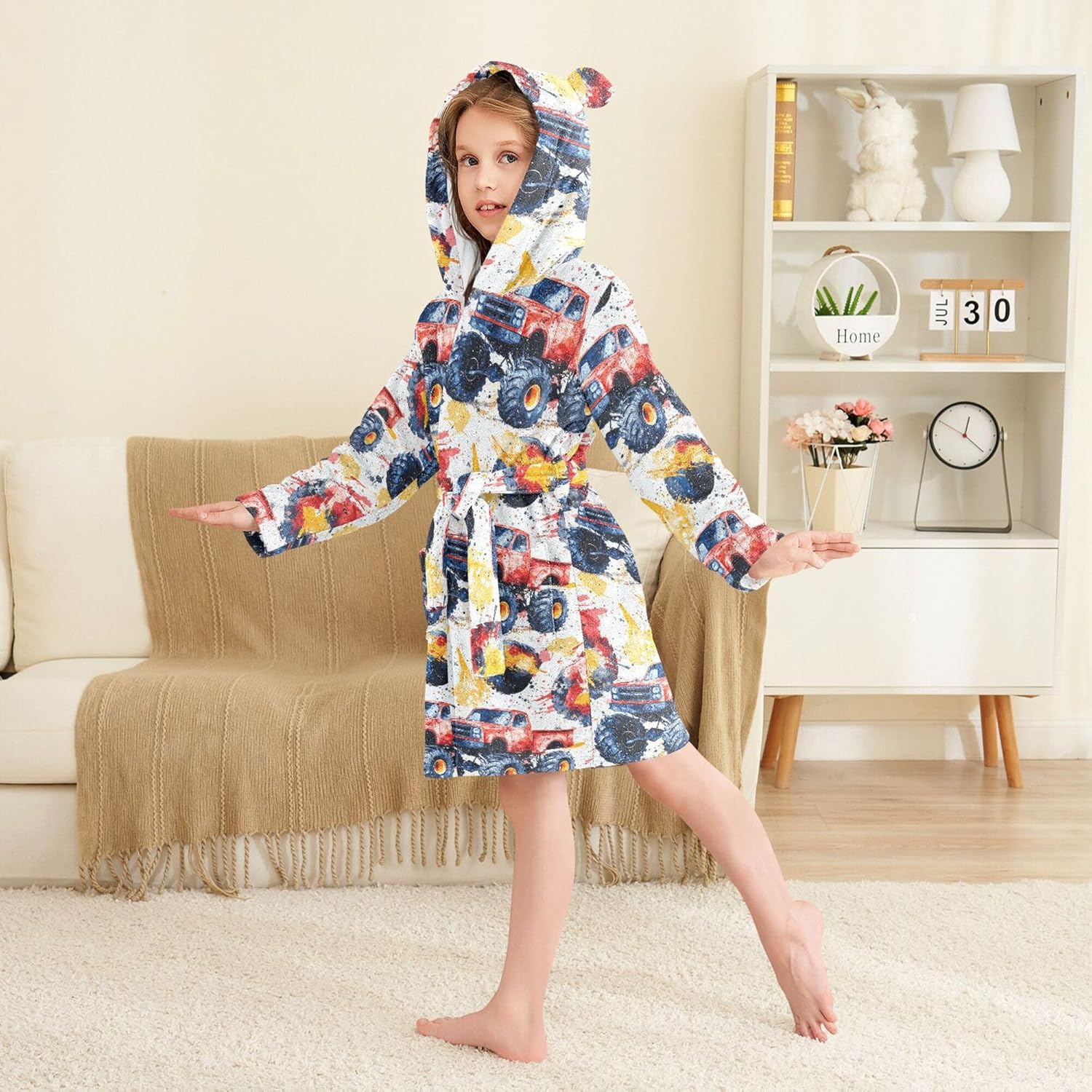 Red Monster Truck Cars Bathrobe Hooded PJ Robe Soft Fleece Robe Pajama Sleepwear 2-12 Years