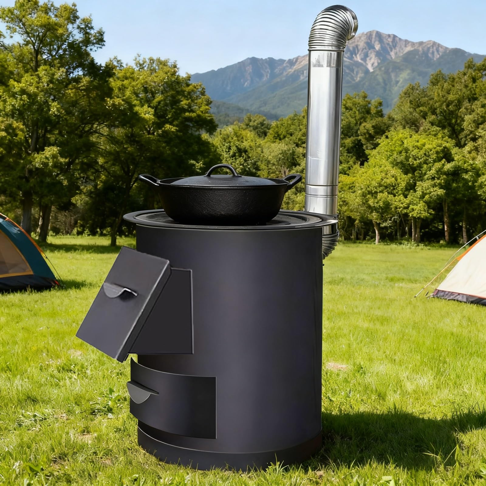 Mini Stufa a Legna da Campeggio con Cassetto Raccoglipolvere Stufa a Legna Piccola Deflettore Fumi Materiale in Ferro Adatto per Cucinare e Riscaldare Tutti i Giorni(52 * 50cm)