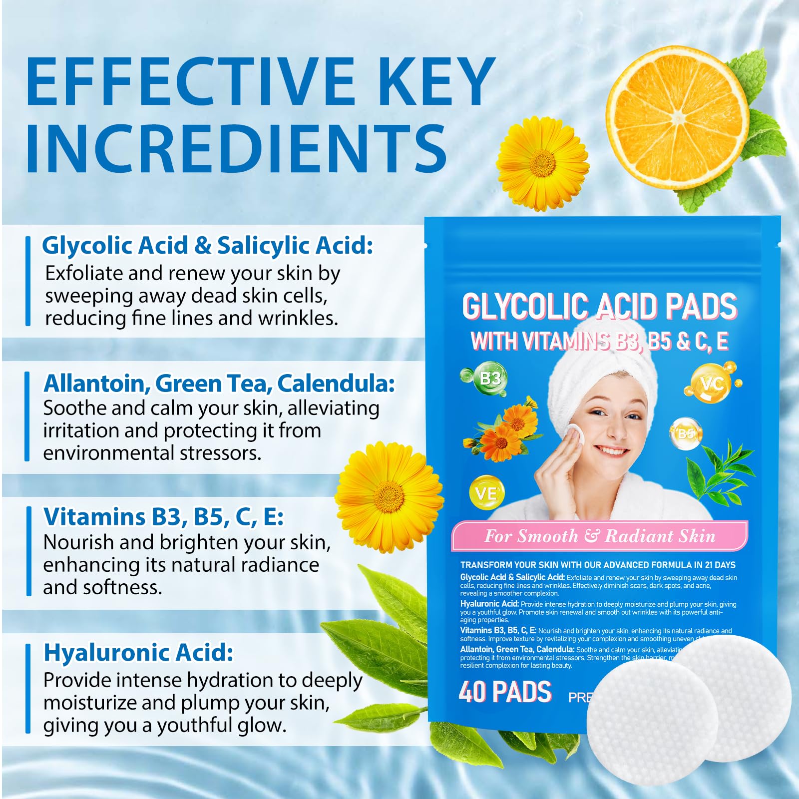 Kwas glikolowy peel pads, 10% bezbarwny kwas glikolowy + 2% kwas salicylowy, witaminy B3, B5, C & E, zielona herbata, nagietek, alantoina, do twarzy ciemnych plam, trądziku i redukuje drobne