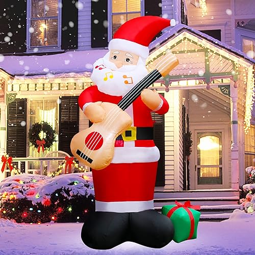 yofit Papá Noel inflable de Navidad de 7 pies con guitarra, decoraciones inflables para exteriores con cajas de regalo, perfecto para patio, jardín,