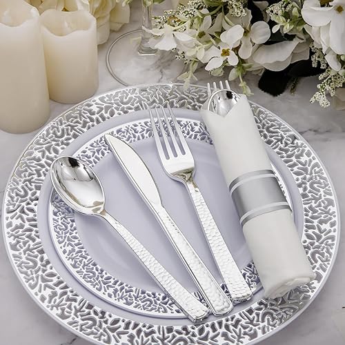 Miniatura 6 de Supernal Paquete de 60 cubiertos de plástico plateado preenrollados de alta resistencia, cubiertos desechables de plástico plateado de primera