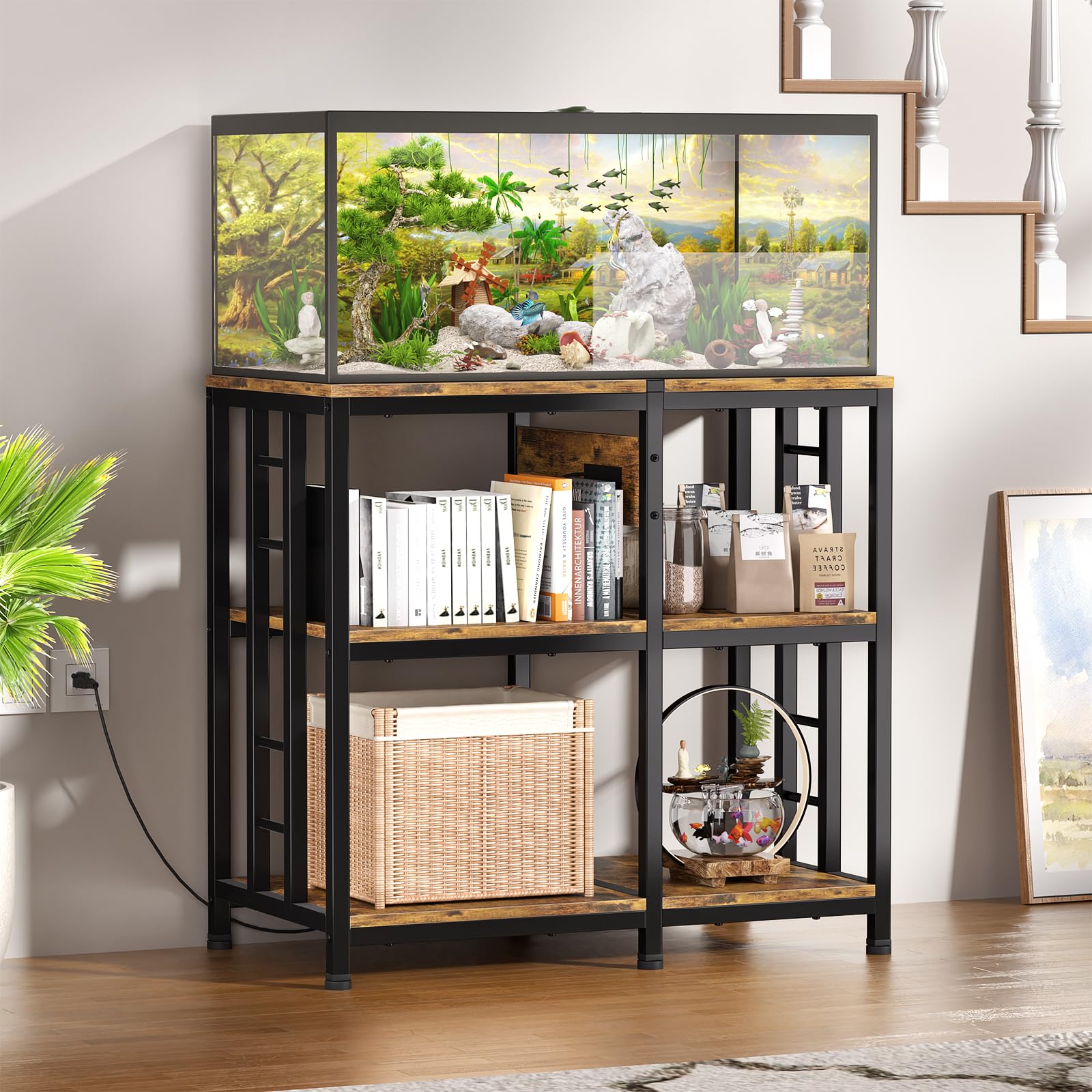 Supporto per acquario da 20 a 29 galloni con ciabatta di prese, supporto metallico a 3 livelli per acquario, 80 cm di lunghezza x 41,9 cm di larghezza, per acquari lunghi 90 litri, capacità 180