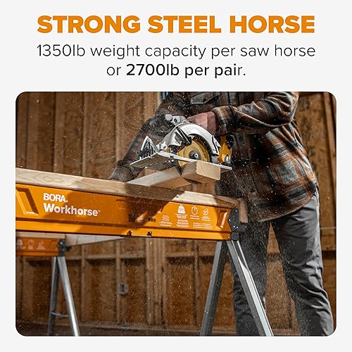 Miniatura 3 de BORA Workhorse - Caballetes de trabajo de 2 unidades, patas plegables de alta resistencia, caballete de metal con soporte 2x4, abrebotellas