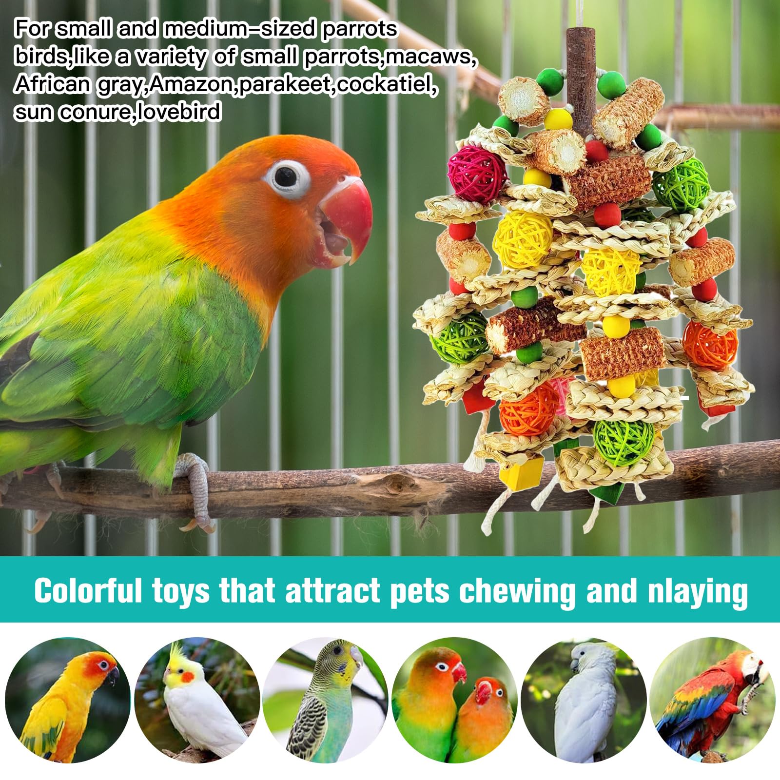 Parrot Chew Toy, Natural Material Bird Foraging Toy for Conures, Quaker Parrots, Medium-Sized Birds - Colorful Hanging Shredding Toy with Woven Ball, Corn Cob and Wooden Beads - image 7