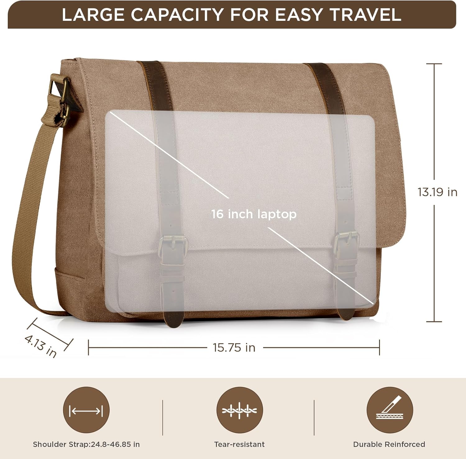 SMRITI Vintage Canvas Messenger Bag for Men 15.6-16 inch Laptop bag,Computer Satchel Shoulder Bag for School Work Travel (Coffee) - Image 4