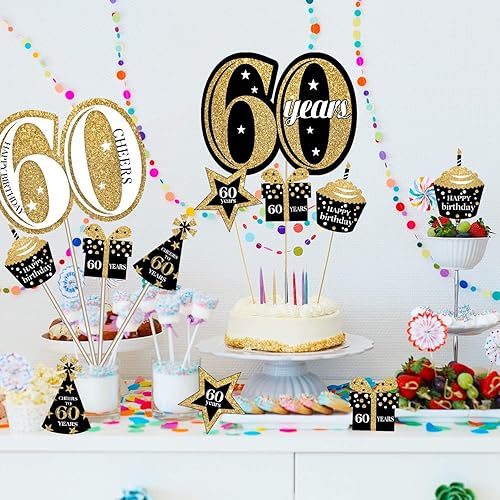 Miniatura 5 de Blulu Juego de decoración de fiesta de cumpleaños, centro de mesa dorado para fiesta de cumpleaños, suministros de fiesta, 24 piezas (60 cumpleaños)