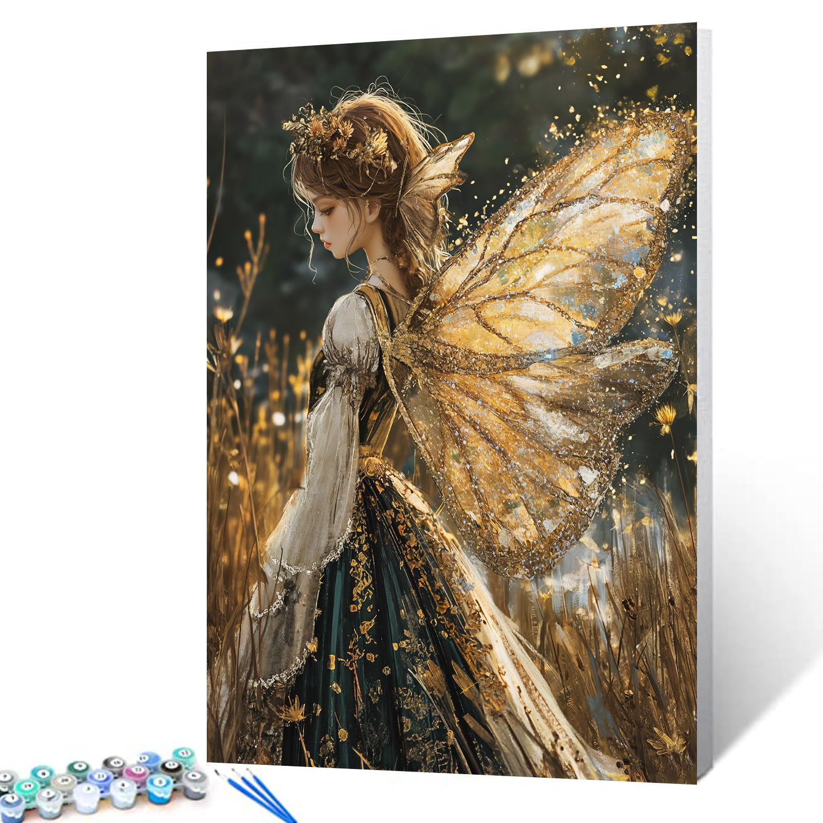 Tucocoo Golden Wings Girl Paint by Numbers Kits with Brushes and Acrylic Pigment on Canvas Painting for Adults, Beautiful Gothic Fairy Angel Picture for Home Wall Decor Gifts 16''x20'' (DIY Framed)