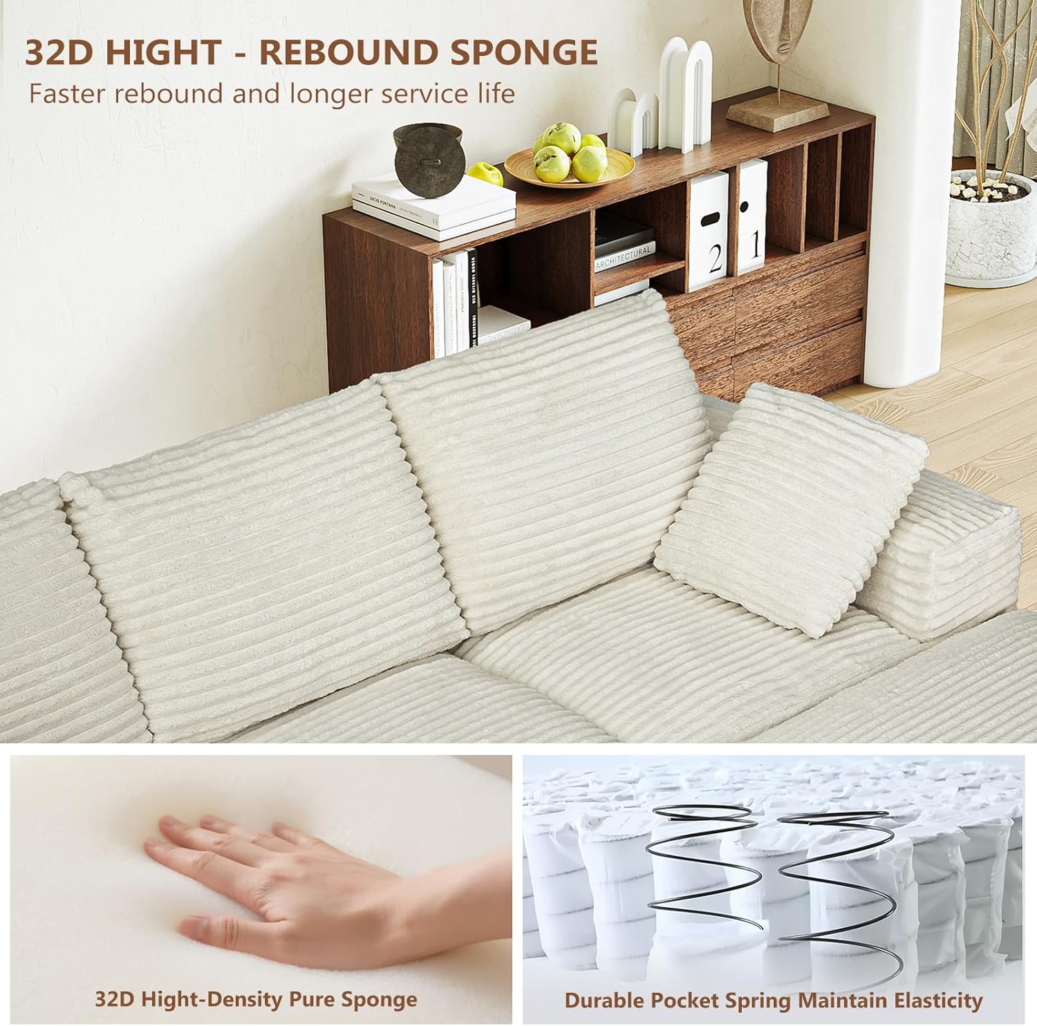 Modular Sectional Sofa, Cloud Couch, Corduroy Fluffy Couch, Sectional Couches for Living Room