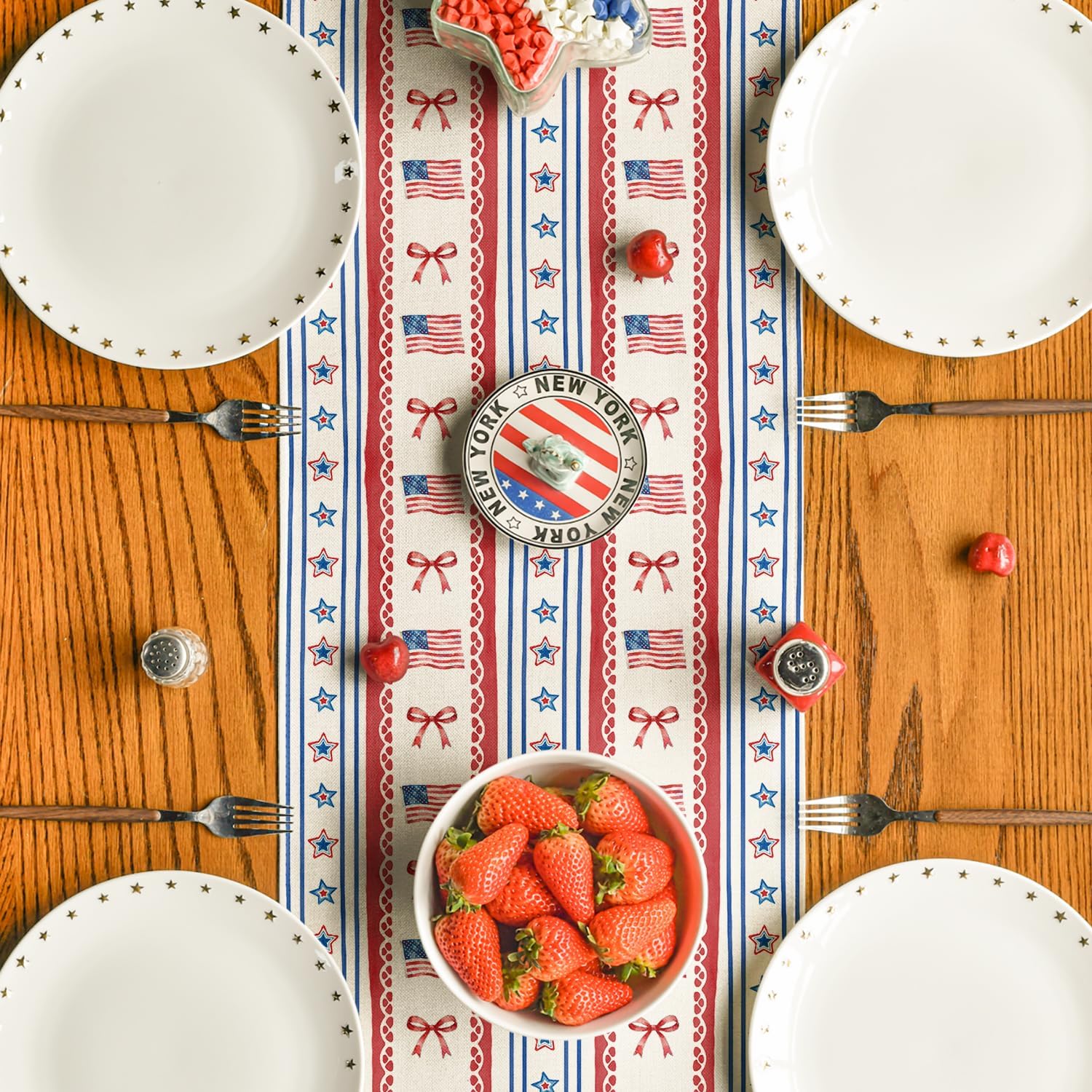 Artoid Mode Star Striped Bow American Flag 210 GSM 4th of July Table Runner, Memorial Day Kitchen Dining Table Decoration for Home Party Decor 13x72 Inch