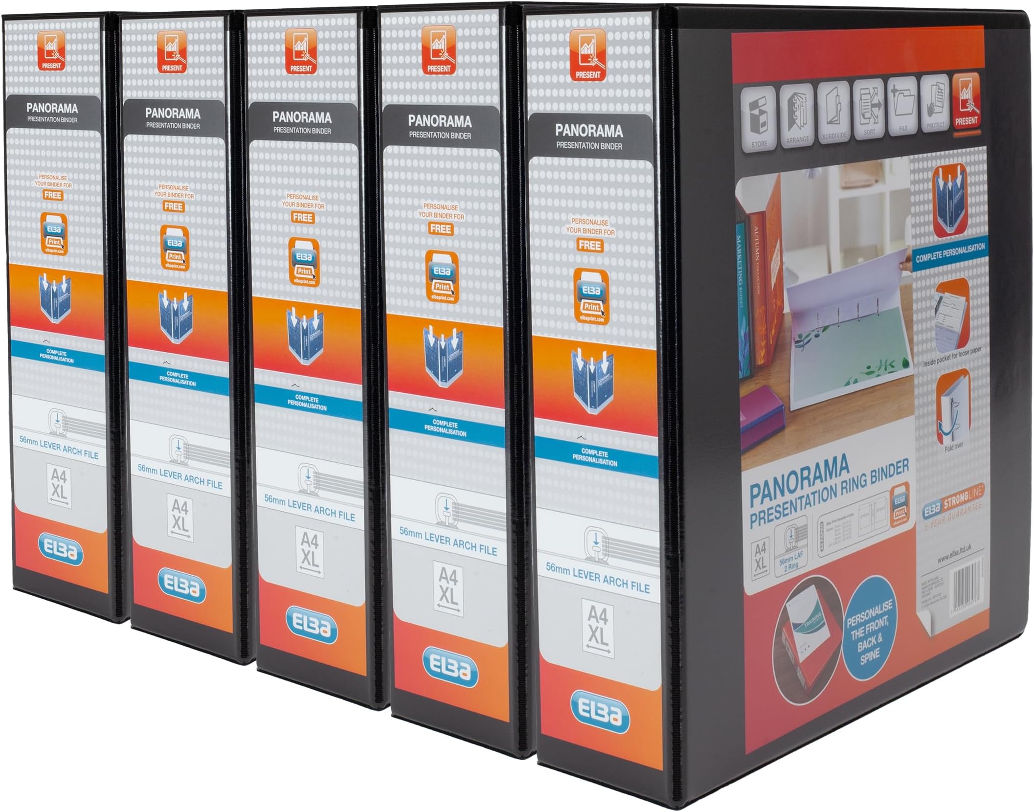 A4 2 O-Ring Lever Arch File, 56mm capacity, 90mm spine, Presentation Folder with Customisable Cover, Portrait, Black (Pack of 5)