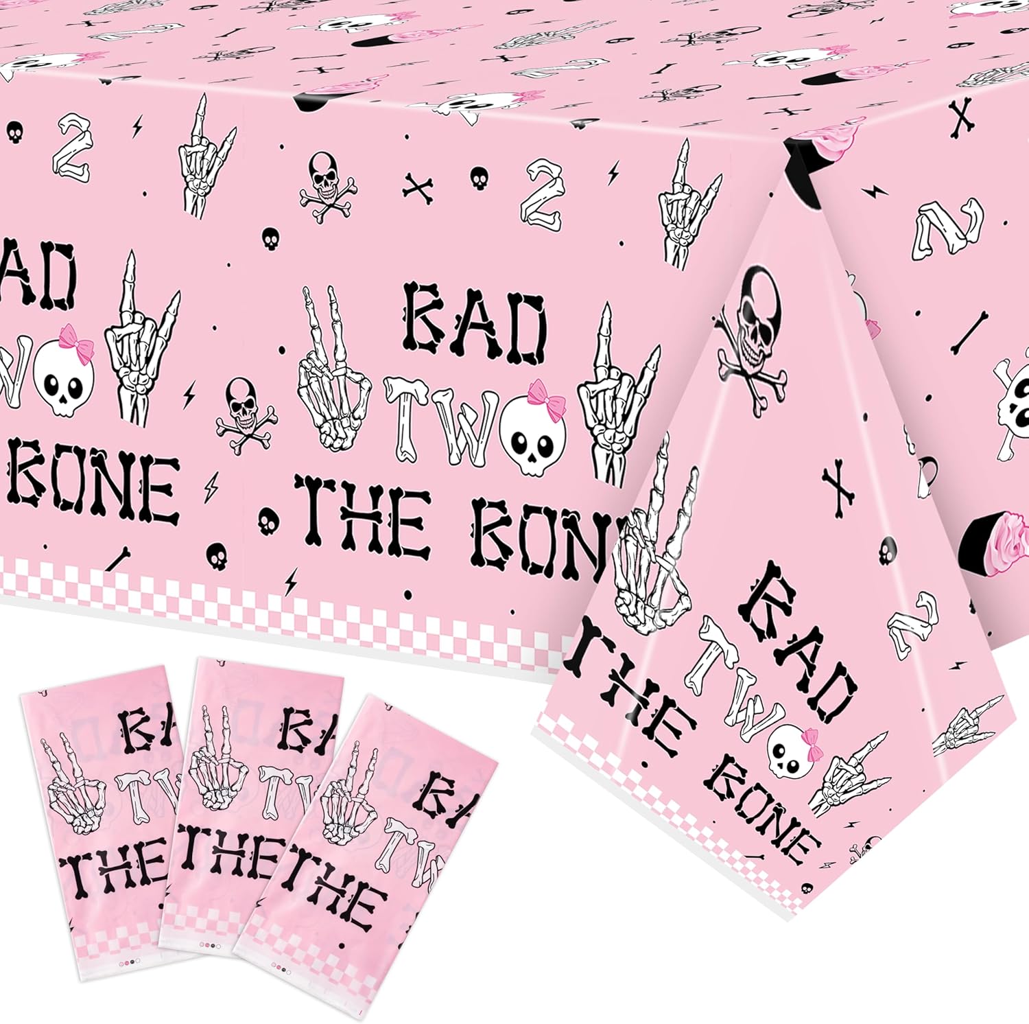 K1tpde 3PCS Bad Two The Bone Party Tablecloth for Girls, Music Themed 2nd Pink Plastic Tablecloth, Rock and Roll 2nd Disposable Table Covers for Birthday Decoration, Bad To The Skeleton Party Supplies