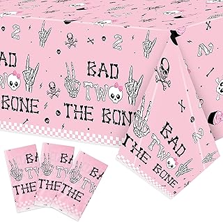 K1tpde 3PCS Bad Two The Bone Party Tablecloth for Girls, Music Themed 2nd Pink Plastic Tablecloth, Rock and Roll 2nd Disposable Table Covers for Birthday Decoration, Bad To The Skeleton Party Supplies