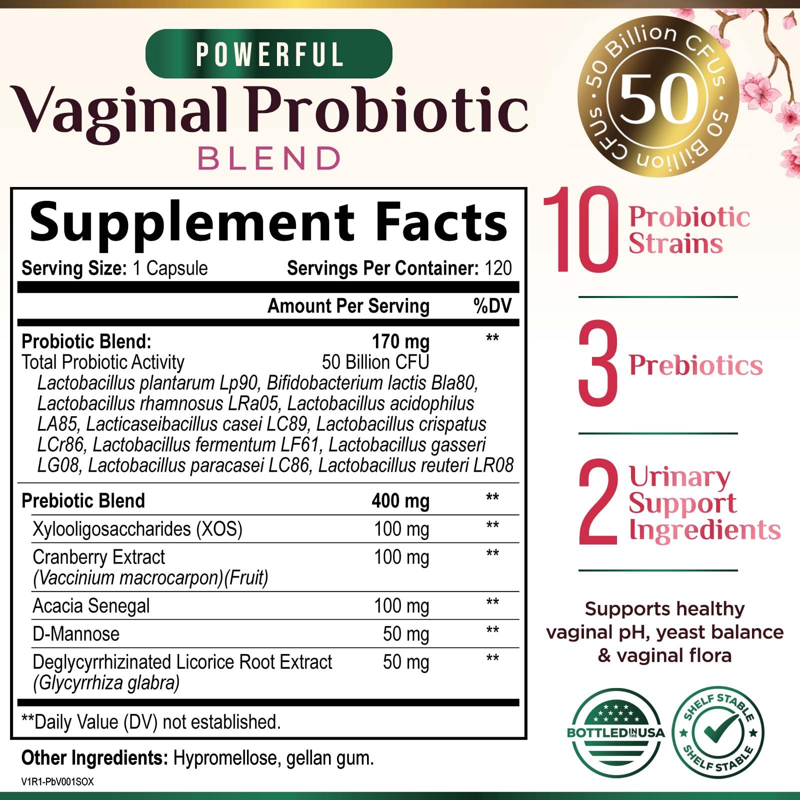Vaginal Probiotics for Women - pH Balance, Digestive, UT & Feminine Health Support - 50 Billion CFU, 10 Probiotic Strains, Cranberry & Prebiotics - Vag Women Health Supplements - 120 Capsules