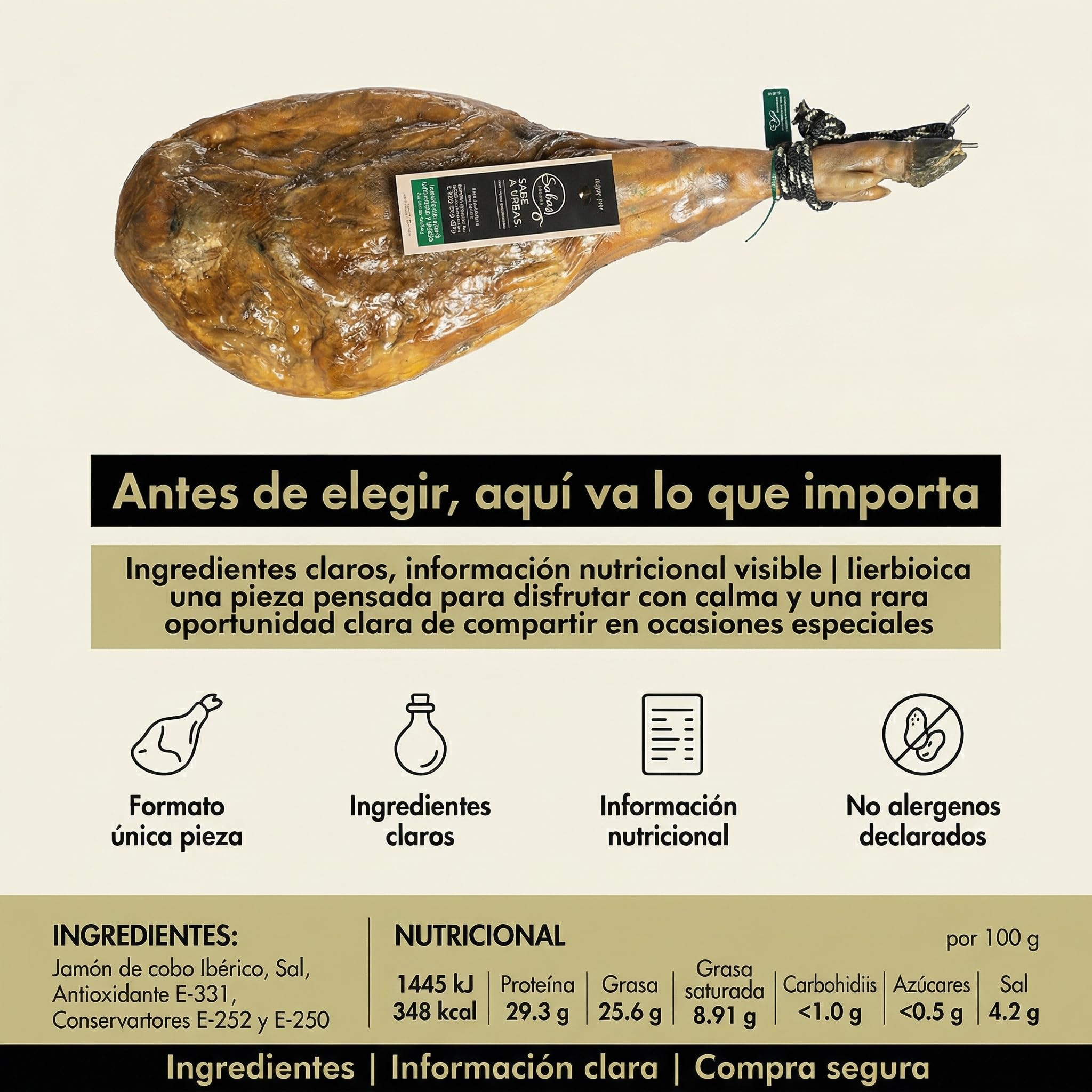 SABE A SABAS Jamón Ibérico de Cebo de Campo 75% Raza Ibérica Pieza Entera con Pata 7-8 kg Curación 36 Meses Sabor Intenso Gourmet Tradición Sevillana Selección Premium Regalo Navidad