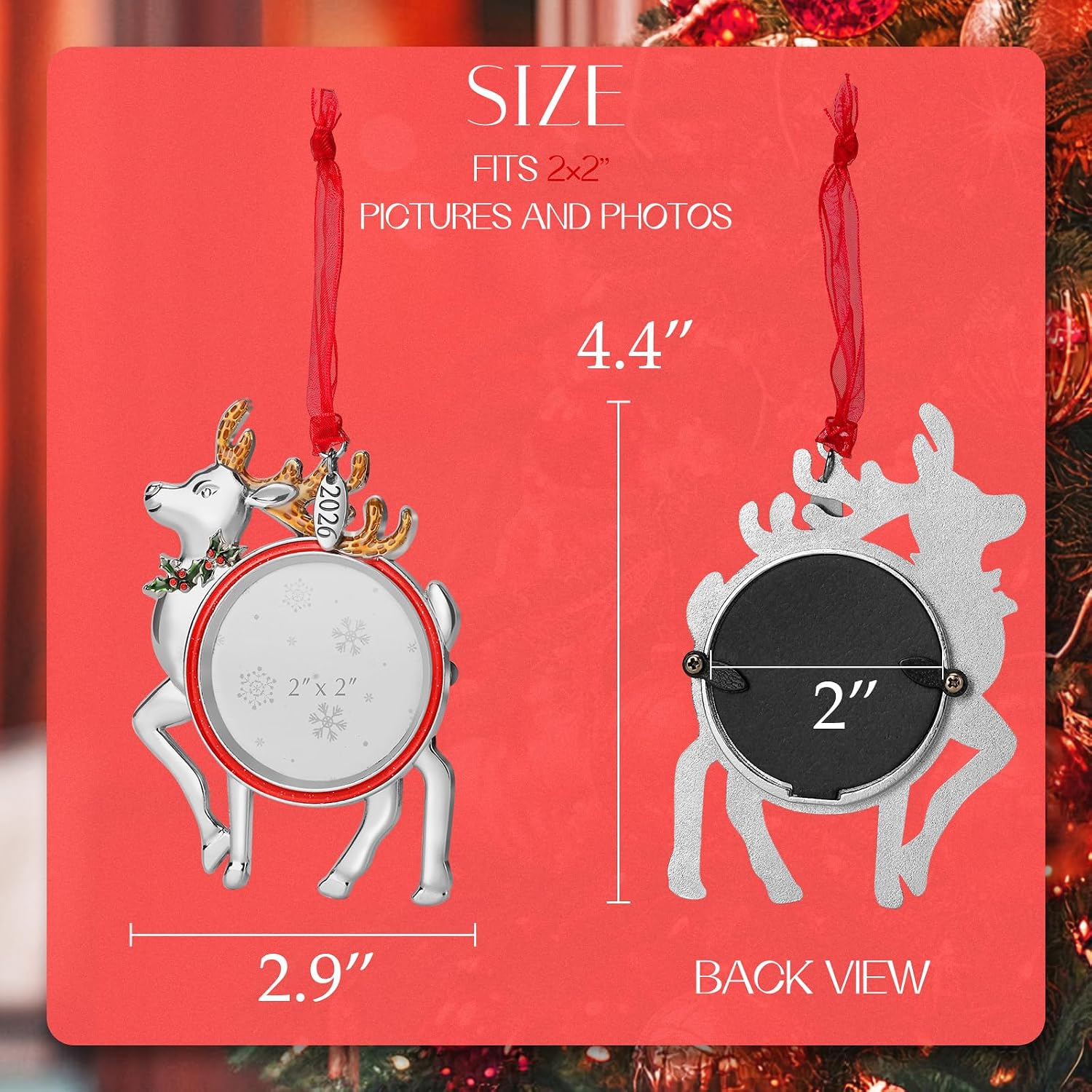 2026 Reindeer Christmas Photo Frame Ornament, Mini 2" Hanging Picture Keepsake for Xmas Tree image 2