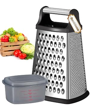 Ourokhome Cheese Grater with Handle Stainless Steel Box Grater 4 Side Kitchen Vegetable Shredder Slicer Zester with Container