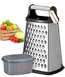 Ourokhome Cheese Grater with Handle, Stainless Steel Box Grater, 4 Side Kitchen Vegetable Shredder Slicer Zester with Container for Parmesan, Cabbage, Ginger, Lemon, Chocolate, Coconut (Black)