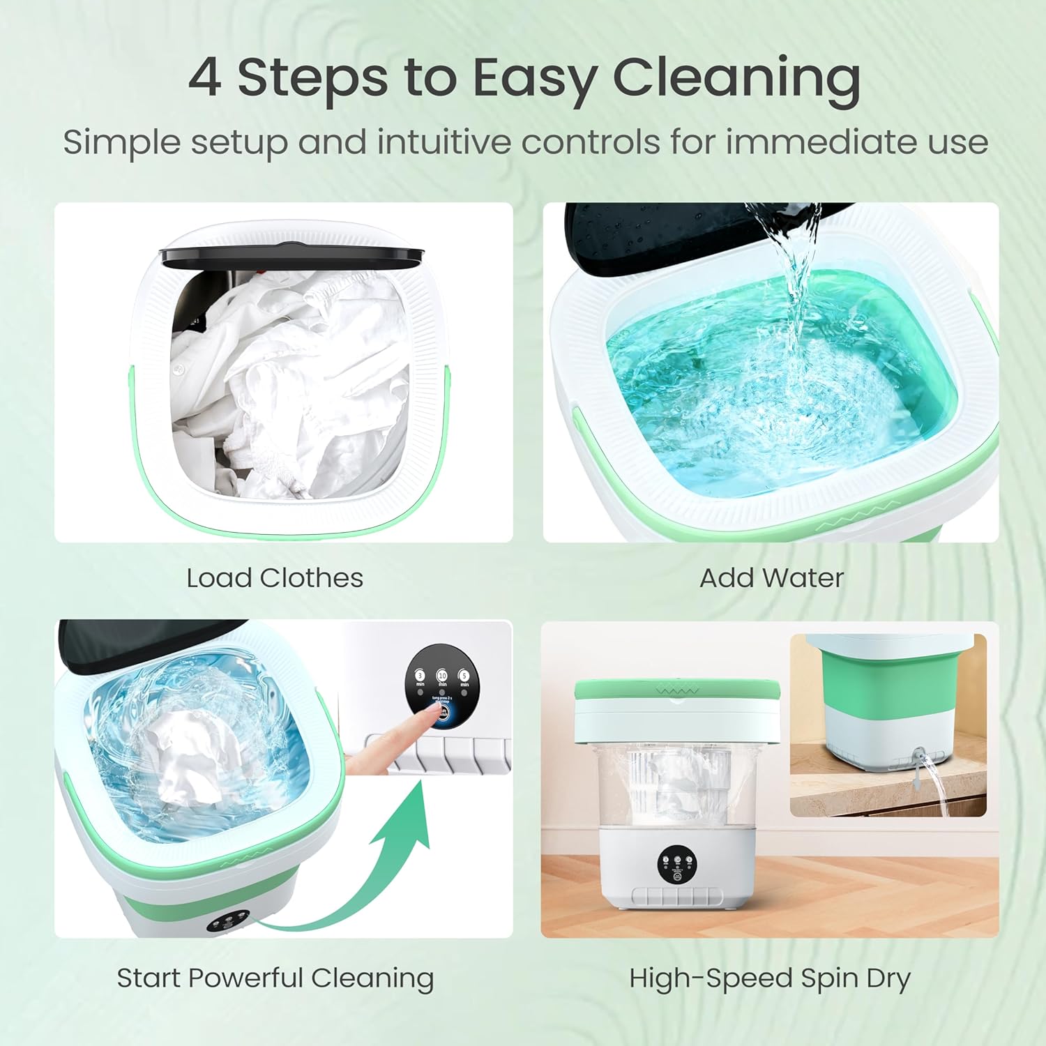 Portable Washing Machine - 16L Mini Foldable Washer with Spin Basket, 3 Cleaning Modes & Deep Cleaning for Small Clothes, Collapsible Laundry for Apartment, Home, Hotel and Travel (Green)