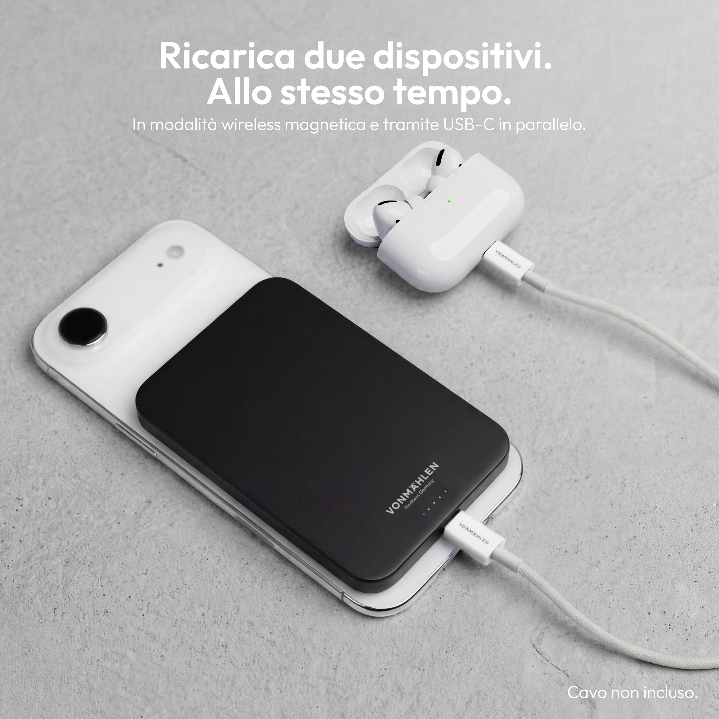 Vonmählen Evergreen Mag - Powerbank Magnetica Ultra-Sottile da 5000mAh, Ricarica Veloce Wireless e USB-C PD, QI2 Certificata - Nero