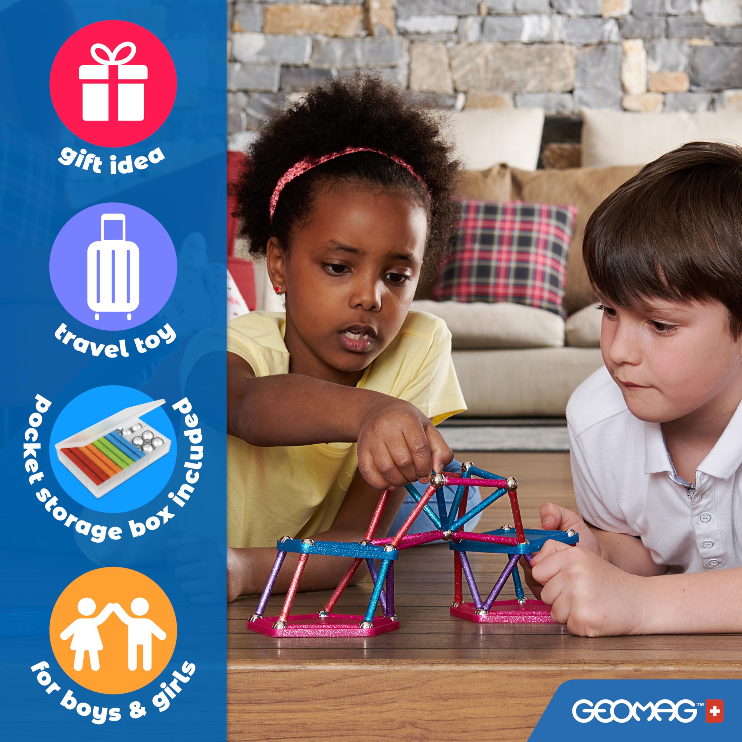 Geomag, Glow Recycled, fosforyzujący zestaw magnetycznych konstrukcji, fosforyzujące pręty magnetyczne, opakowanie 142 sztuk, 100% plastik z recyklingu