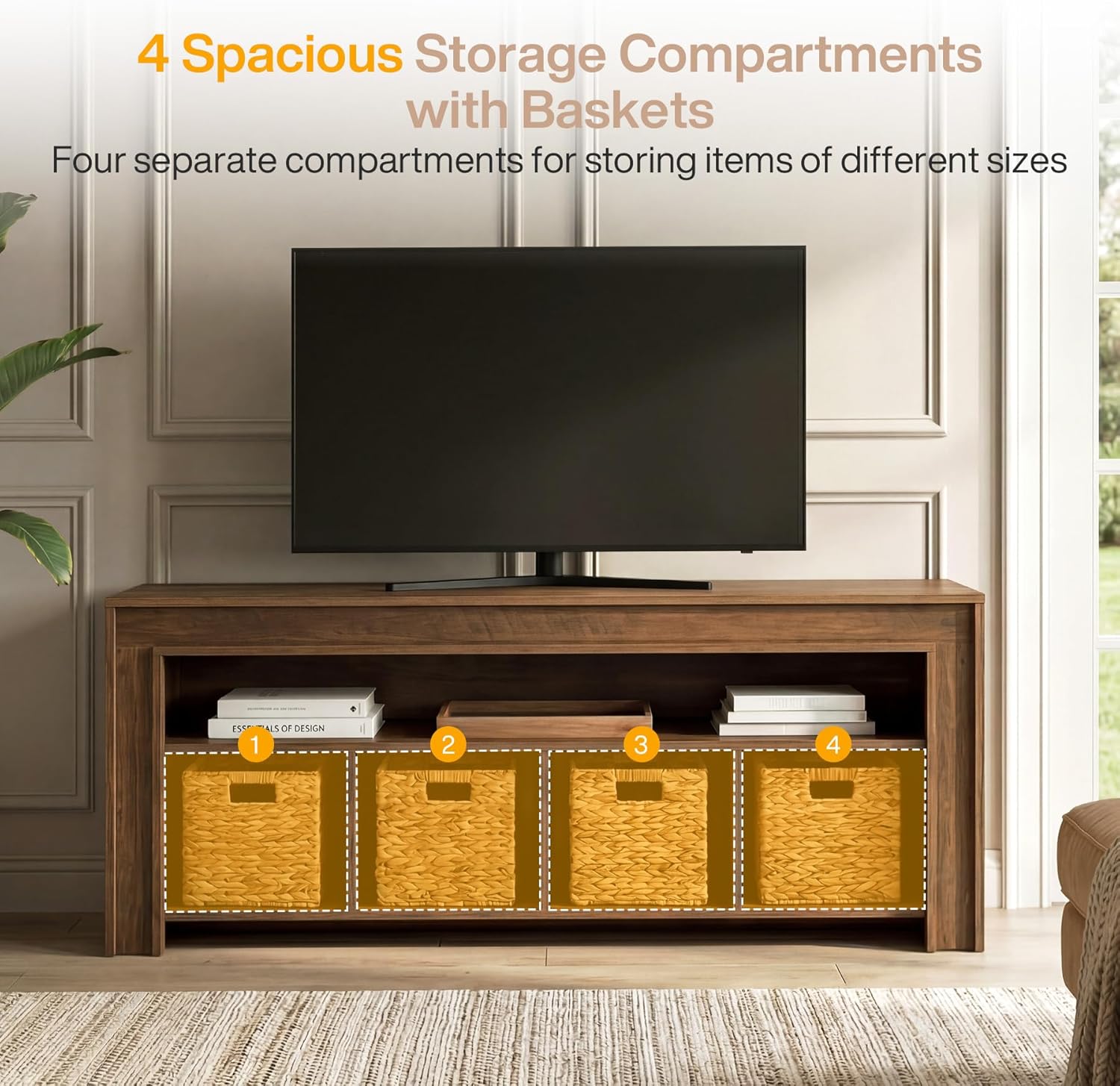 Tribesigns 63" TV Console with 4 Woven Baskets & Open Shelf, Farmhouse TV Stand for 55–70'' TVs, Wooden Entertainment Center with Storage, Media Cabinet for Living Room, Rustic Brown