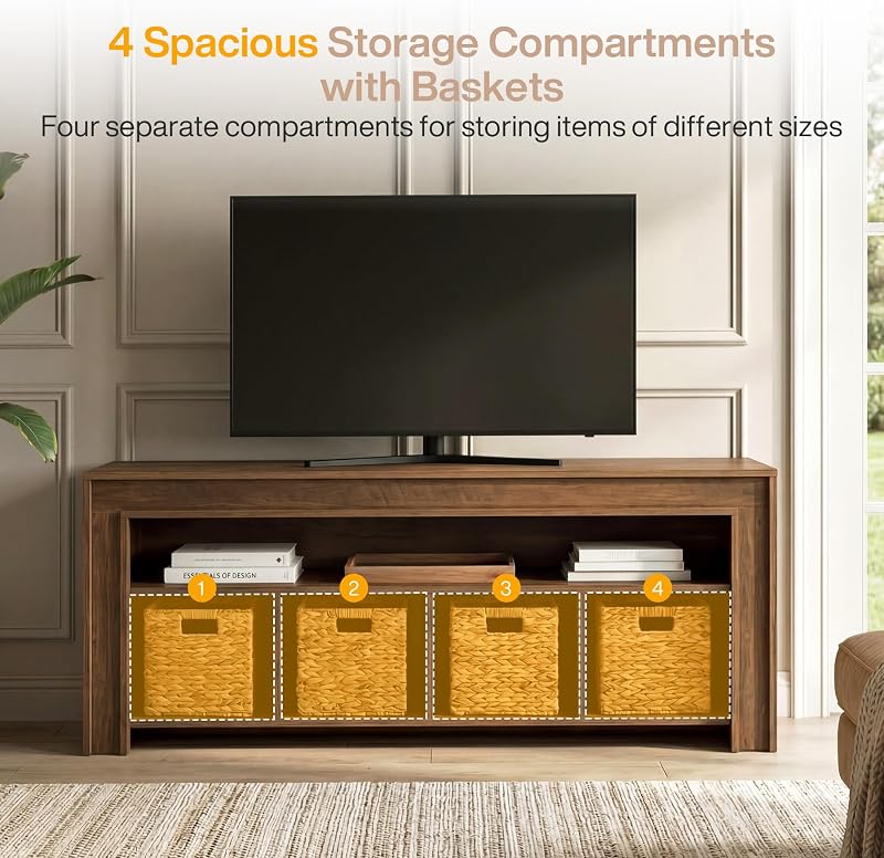 Tribesigns 63" TV Stand for 55–70'' TVs, Farmhouse Entertainment Center with Storage, Wooden TV Console with 4 Woven Baskets & Open Shelf, Media Cabinet for Living Room, Rustic Brown image 6