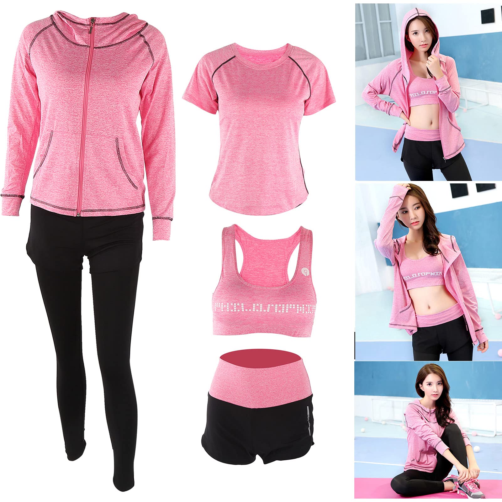 Conjunto de yoga para mujer de 5 piezas, conjunto de ropa deportiva para gimnasio, top de manga larga, mallas, shorts, sujetador y chaqueta; traje de yoga elástico de secado rápido