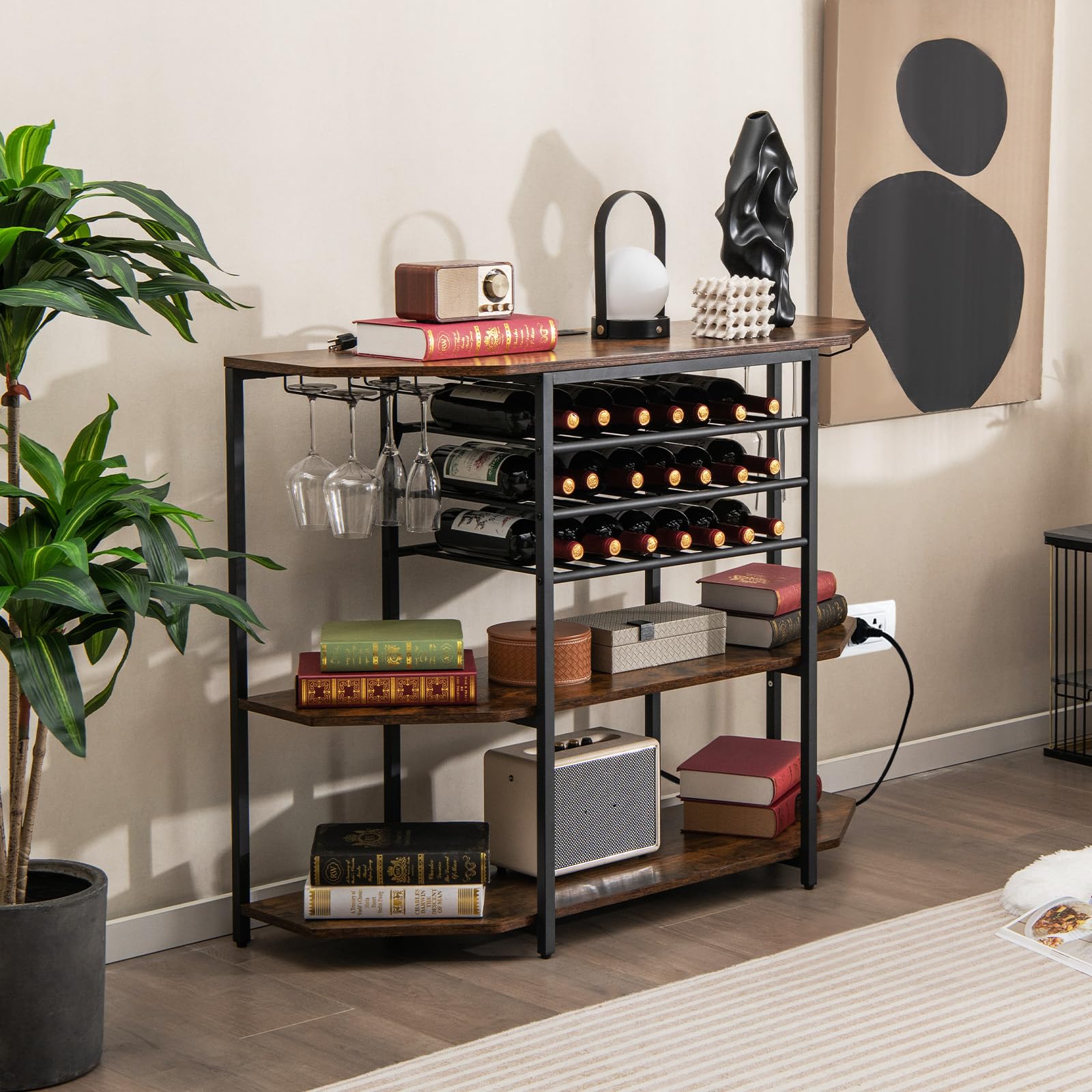 GOPLUS - Portabotellas con estación de carga integrada, mueble de bar de 3 niveles con estantes abiertos espaciosos y armario para botellas de vino, adecuado para cocina, comedor (Brown Industri)
