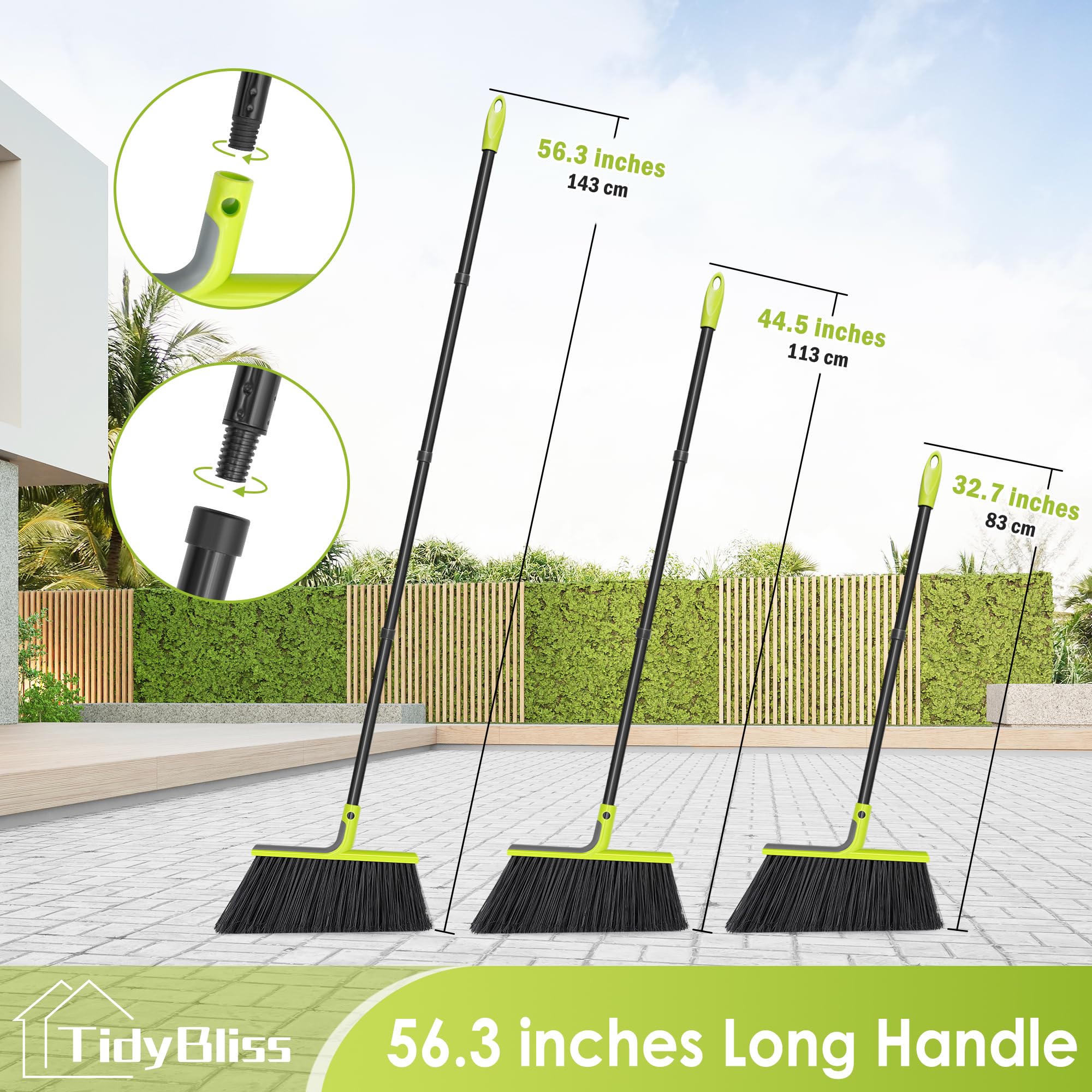 TidyBliss Besen mit Stiel Draußen Innen 4 Packung, 143 cm Gartenbesen Straßenbesen für Terrasse Garten Veranda Terrass, Geschäft Restaurant Garage Haus Lobby Hartholzböden (Grün)