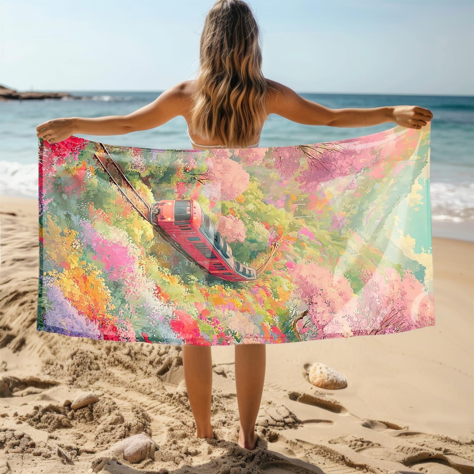 Tapis de Plage XXL Anti Sable Train, Rouge Serviette Piscine Adulte,Natte De Plage Pliable, Voyage Accessoires De Plage Camping,Serviette de Bain Personnalisée