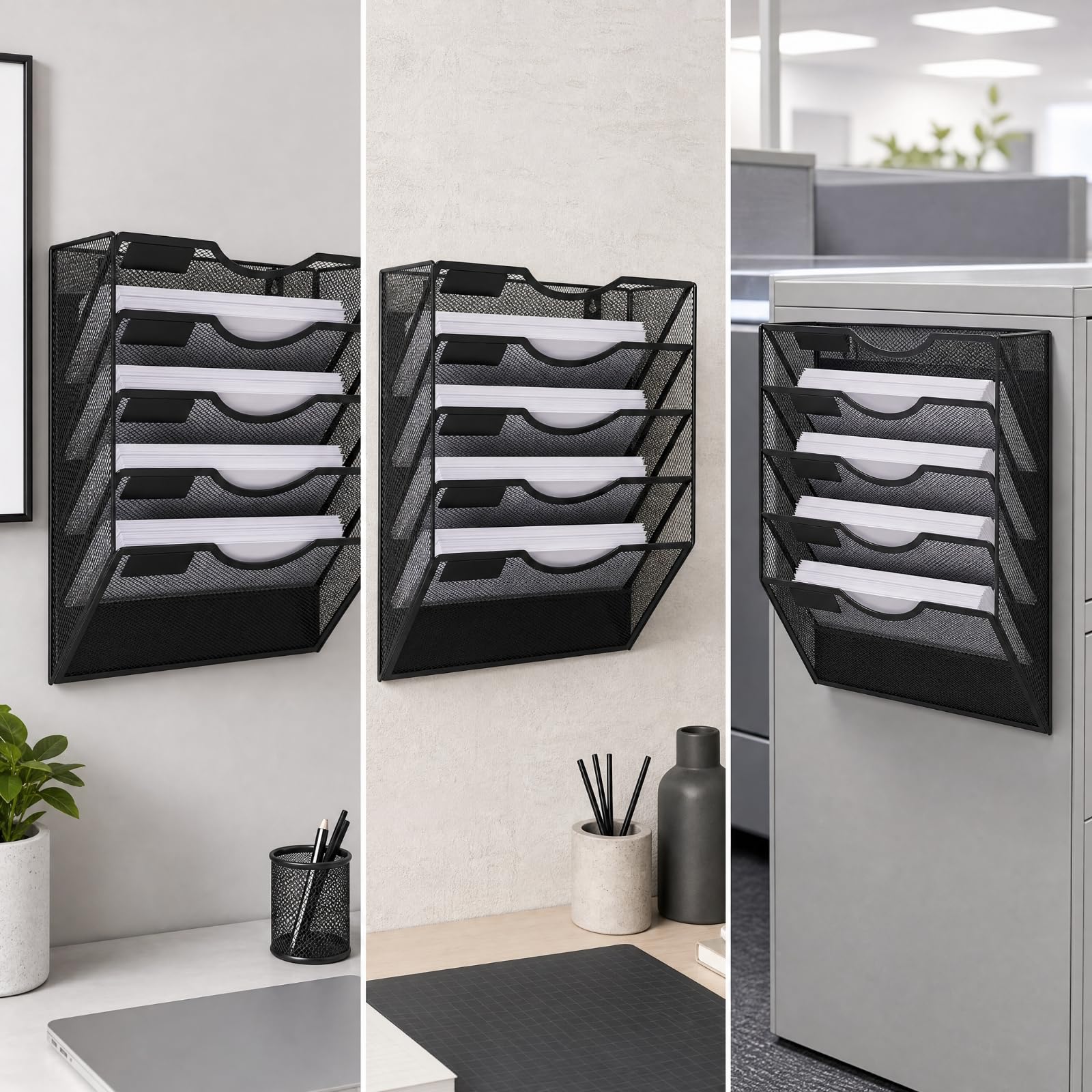 Milageto Organizador Archivos Pared Niveles Multiusos Organizador Vertical Papeles Metal Negro para Oficina