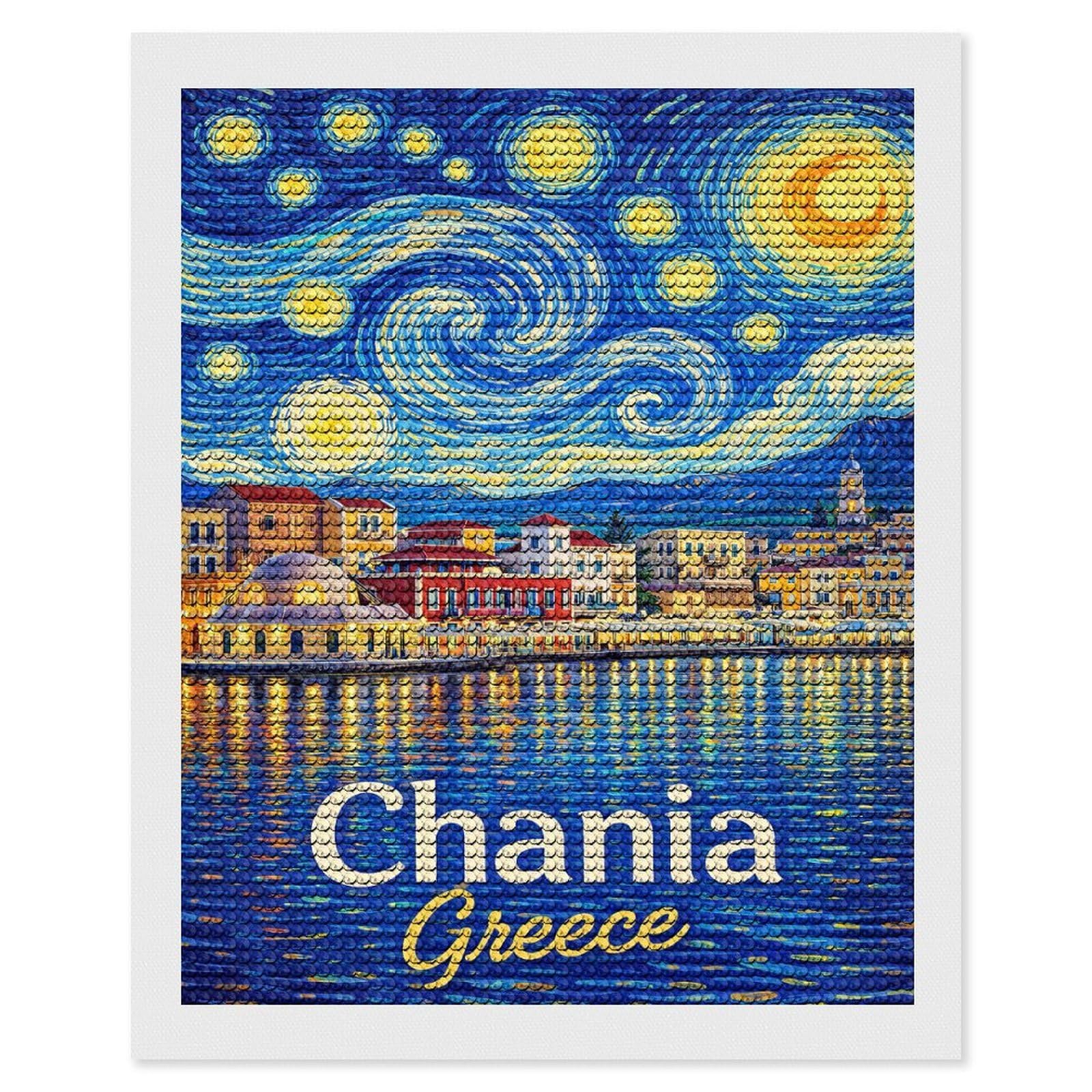 Junmoney Chania Greece Starry Night Round Drill Diamond Painting 16"x20", for Adults, Creative Leisure Activity, Office Decor, Holiday Gift Idea