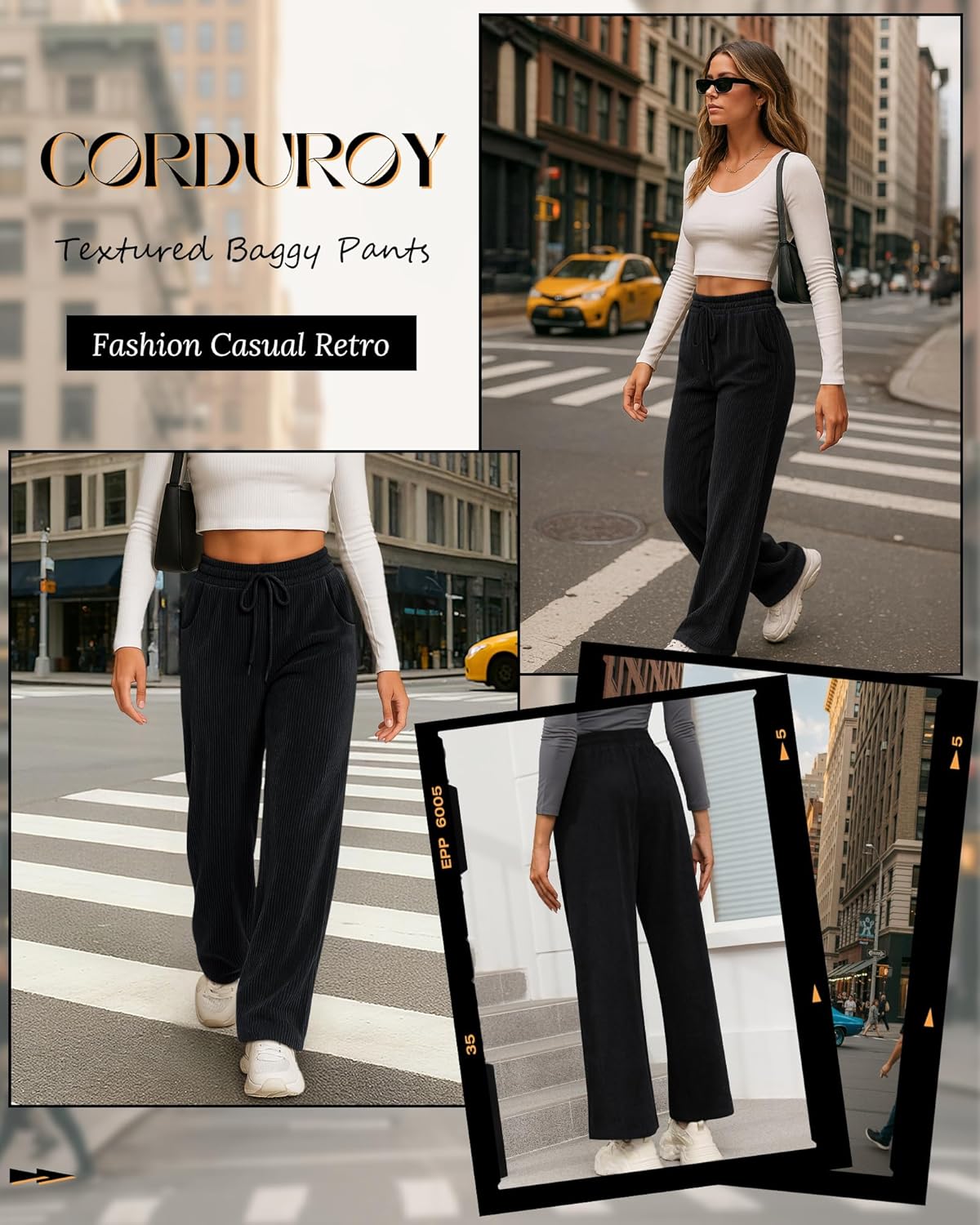 Corduroy Pants for Women Casual Drawstring Elastic Waist Baggy Wide Leg Barrel Loose Comfy Trousers with Pockets - Image 3