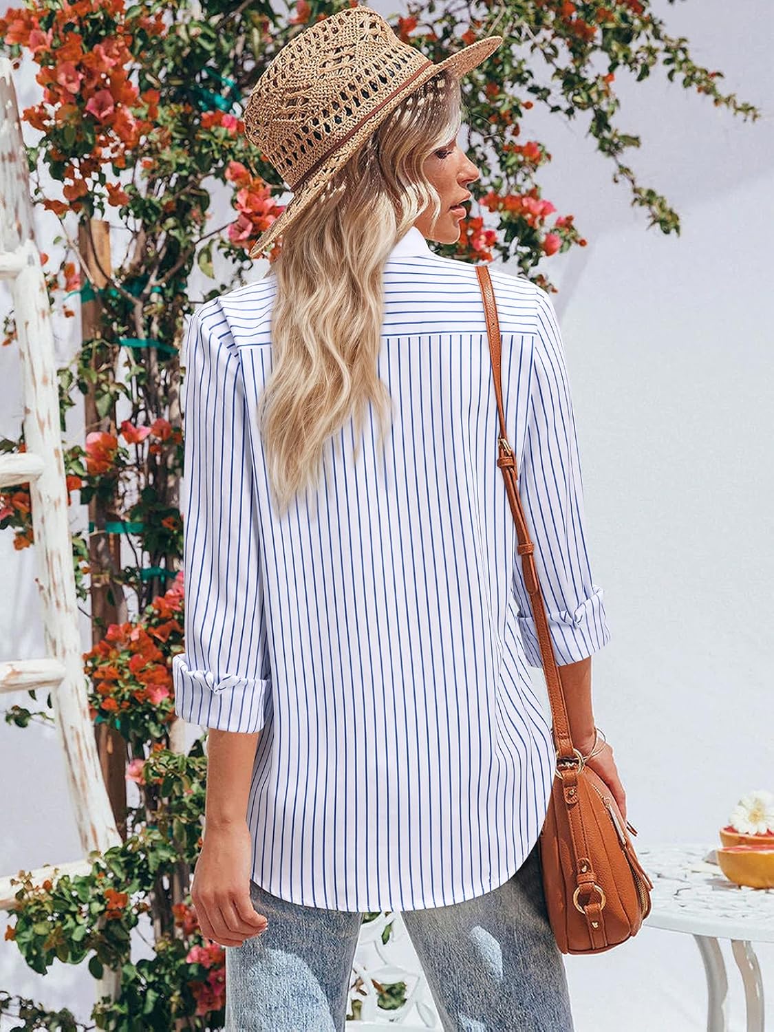 Striped Button Down Shirts for Women Cotton Dress Shirt Long Sleeve Collared Blouse Tops Business Office Attire - Image 2